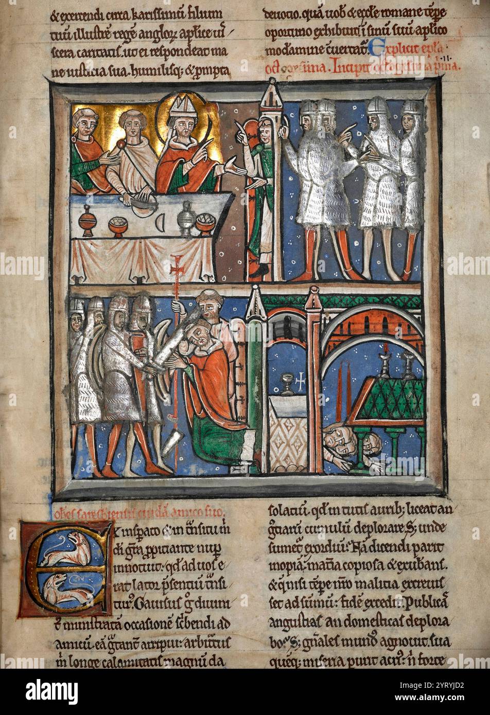 Dieses Manuskript enthält die erste bekannte Miniatur des Martyriums von Thomas Becket. Es zeigt den erzbischöflichen Schlag während des Gebets in der Kathedrale von Canterbury. 1170. Stockfoto
