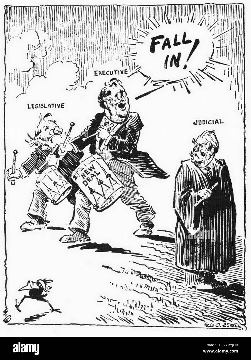 Roosevelt Cartoon, 1937 "Der Oberste Gerichtshof Unter Druck". Präsident Franklin D. Roosevelt sagt den Alten Männern des Obersten Gerichtshofs, in Step zu kommen? Und den New Deal unterstützen Stockfoto
