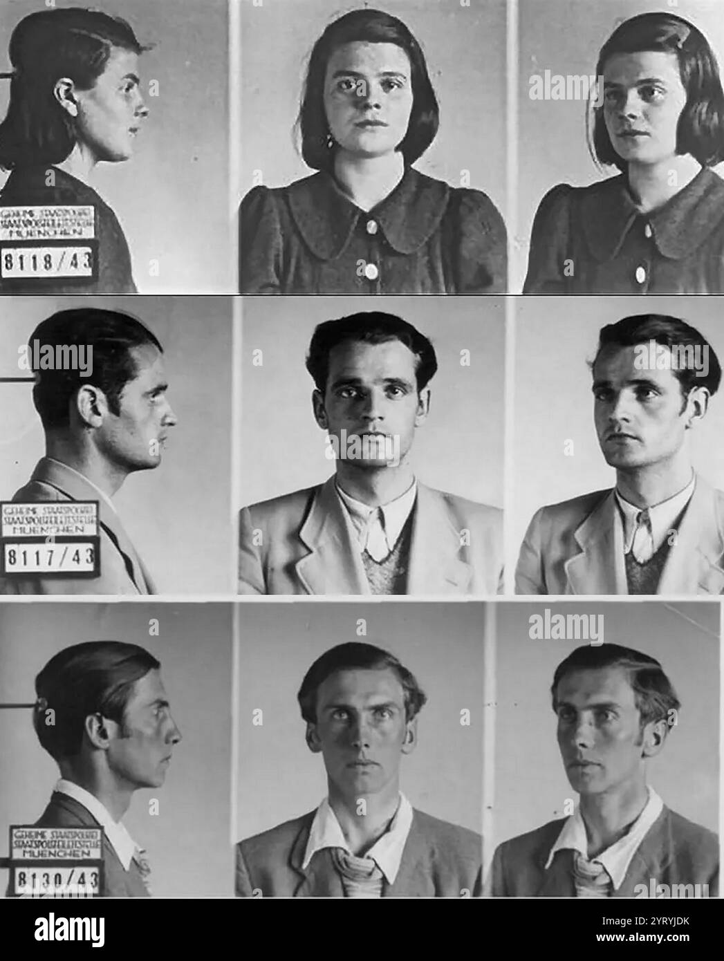 Gestapo-Fotos von Sophie Scholl, Hans Scholl und Alexander Schmorell (von oben nach unten) der Widerstandsbewegung „Weiße Rose“ gegen das Nazi-Regime Stockfoto