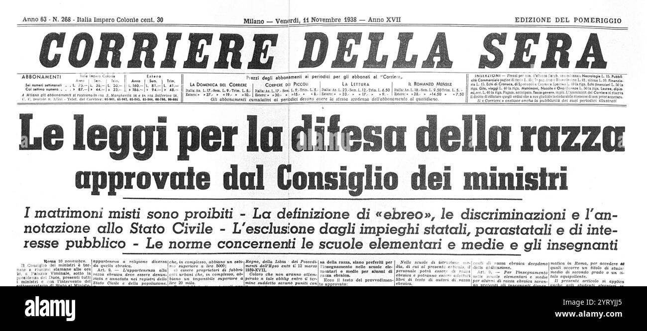 Titelseite des Corriere della Sera, als das faschistische Regime 1938 italienische Rassengesetze erlassen hatte. Stockfoto