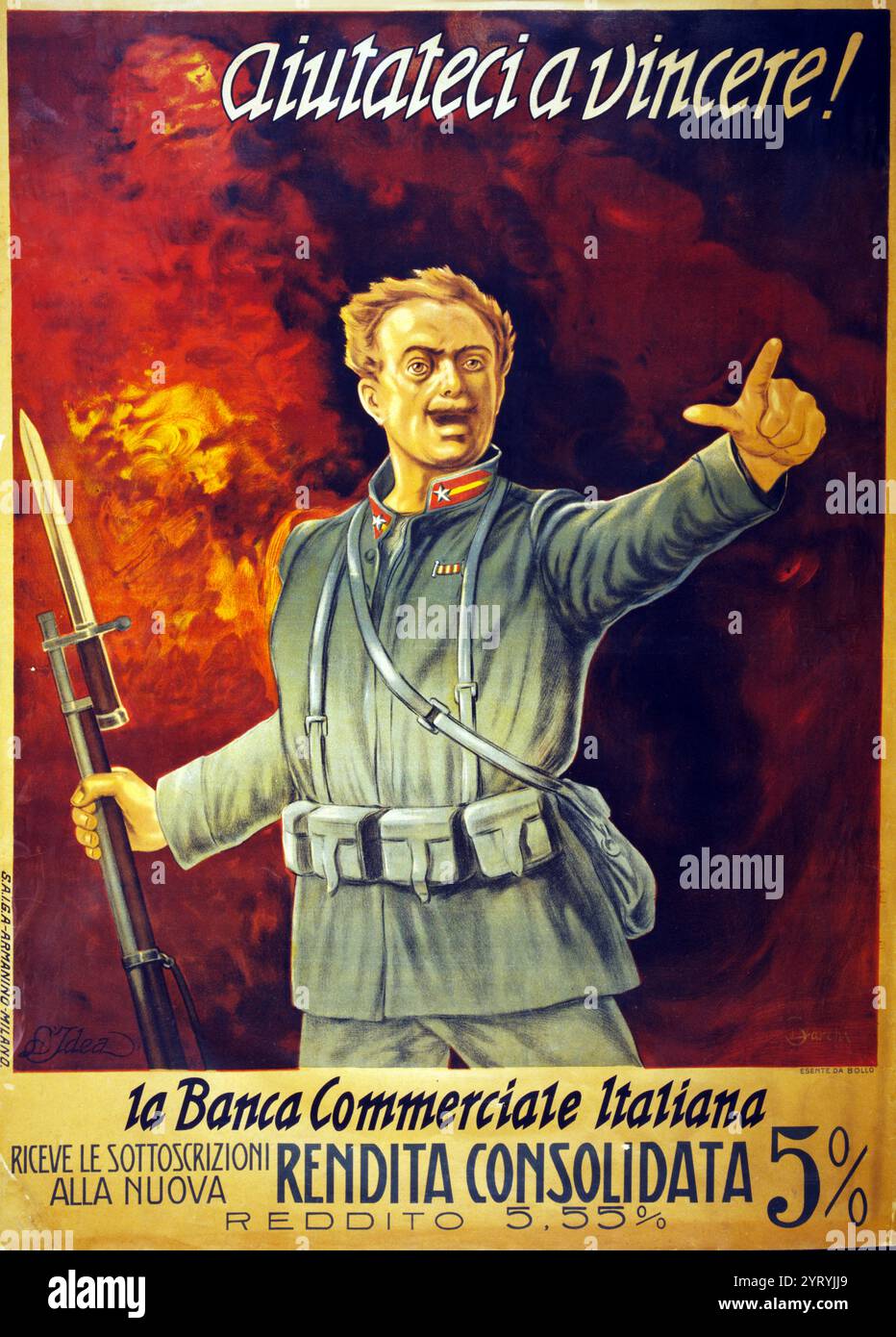 Italienischer Weltkrieg ein Propagandaplakat. 1915. Aiutateci a vincere! la Banca commerciale Italiana Stockfoto