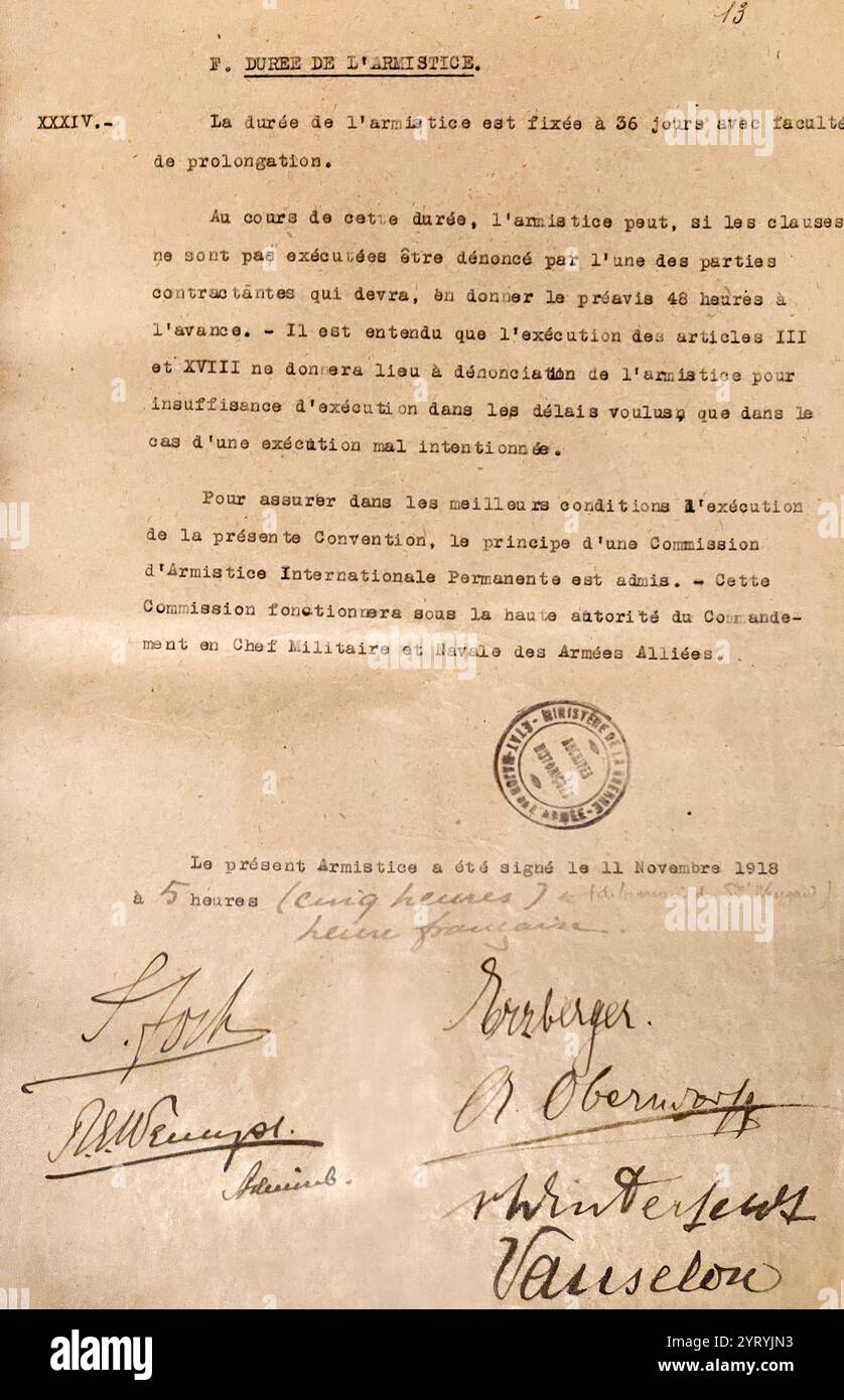 Letzte Seite des Waffenstillstandsabkommens vom 11. November 1918 Stockfoto