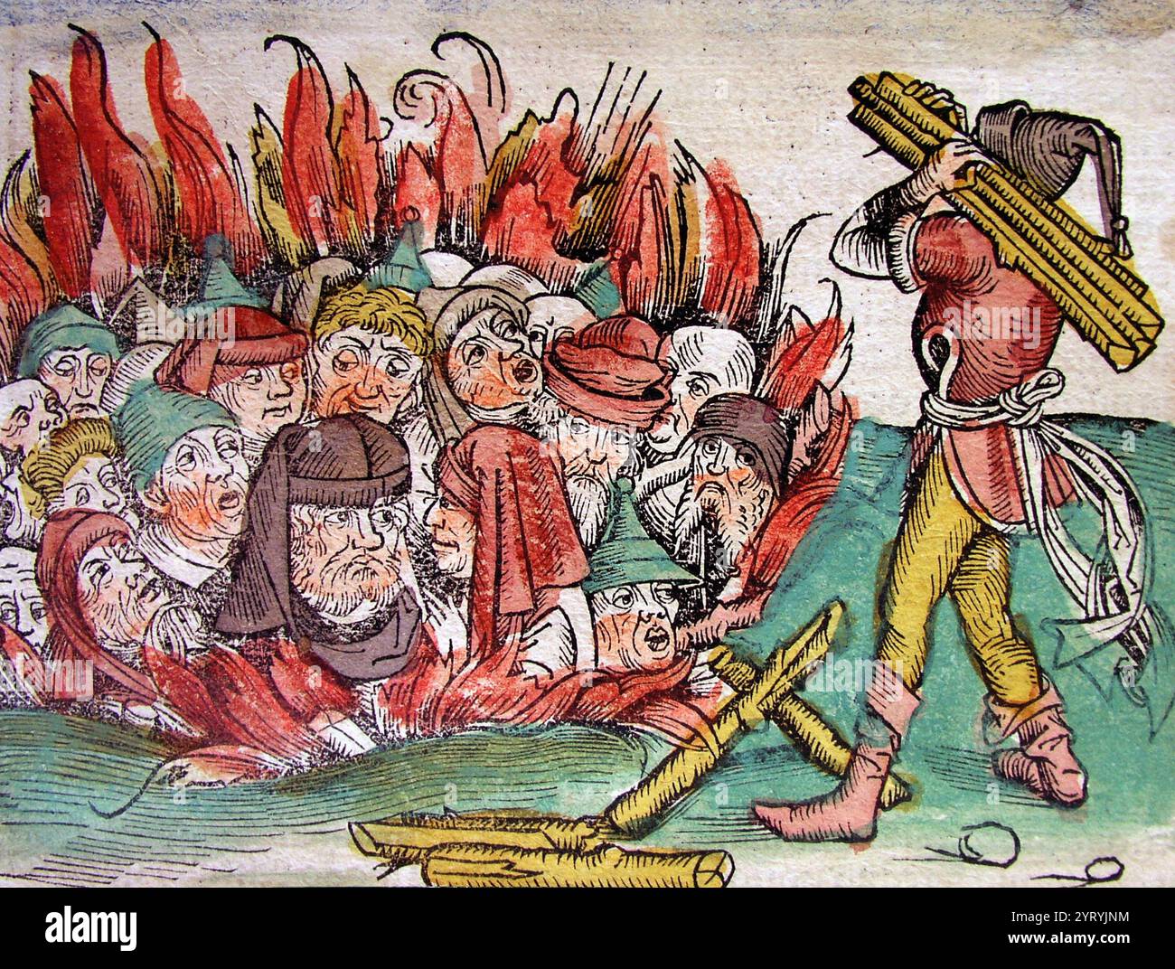 Die Verbrennung von Juden im 14. Jahrhundert während des schwarzen Todes (Bubonic Pest). Juden wurden als weniger anfällig für die Pest wahrgenommen als ihre Nachbarn (wahrscheinlich das Ergebnis eines jüdischen Rituals in Bezug auf die persönliche Hygiene) und sie wurden beschuldigt, christliche Brunnen vergiftet zu haben, die vermutlich die Quelle der Pest waren. Illustration aus der Nürnberger Chronik, einer illustrierten Enzyklopädie, die aus weltgeschichtlichen Erzählungen sowie Berichten besteht, die durch biblische Paraphrase erzählt werden. Das Werk wurde 1493 fertiggestellt und ursprünglich von Hartmann Schedel in lateinischer Sprache geschrieben Stockfoto