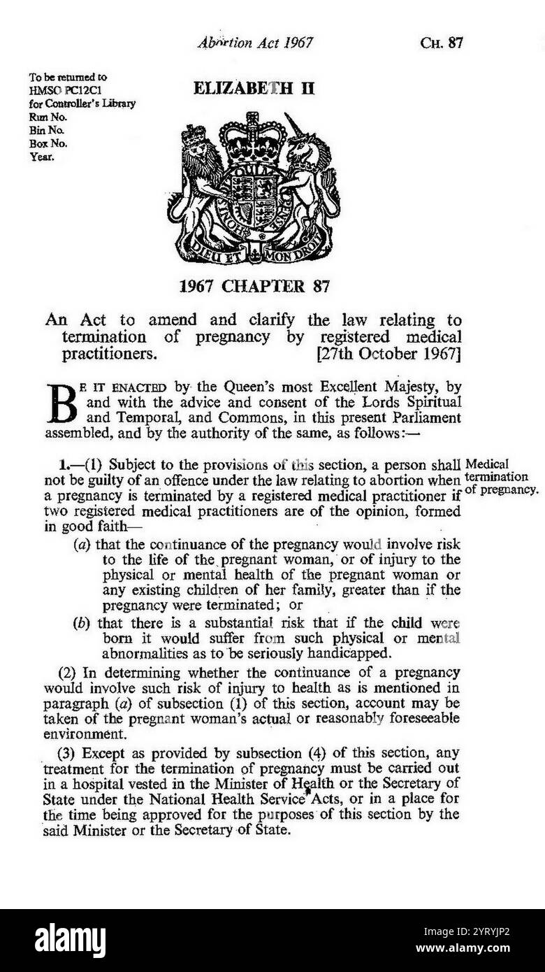 Das Abtreibungsgesetz von 1967 ist ein Gesetz des britischen Parlaments, das Abtreibung in Großbritannien aus bestimmten Gründen durch registrierte Ärzte legalisiert und die steuerpflichtige Bereitstellung solcher Arztpraxen durch den National Health Service (NHS) regelt. Stockfoto