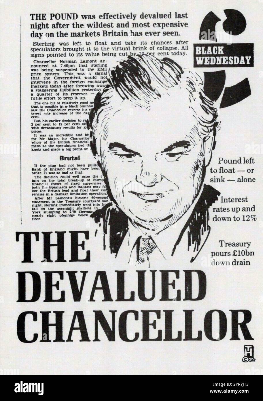 Politische Postkarte "Der Abgewertete Kanzler, Norman Lamont, Schwarzer Mittwoch". Der schwarze Mittwoch war eine Finanzkrise am 16. September 1992, als die britische Regierung gezwungen war, das britische Pfund Sterling aus dem Europäischen Wechselkursmechanismus (WKM I) zurückzuziehen, nachdem der Versuch gescheitert war, den Wechselkurs über der für die Teilnahme am WKM erforderlichen unteren Grenze zu halten. Die Krise schädigte die Glaubwürdigkeit der Regierung bei der Behandlung wirtschaftlicher Angelegenheiten. Die regierende Konservative Partei erlitt eine Niederlage, bei den Parlamentswahlen 1997 kehrte sie erst 2010 an die Macht zurück. Stockfoto