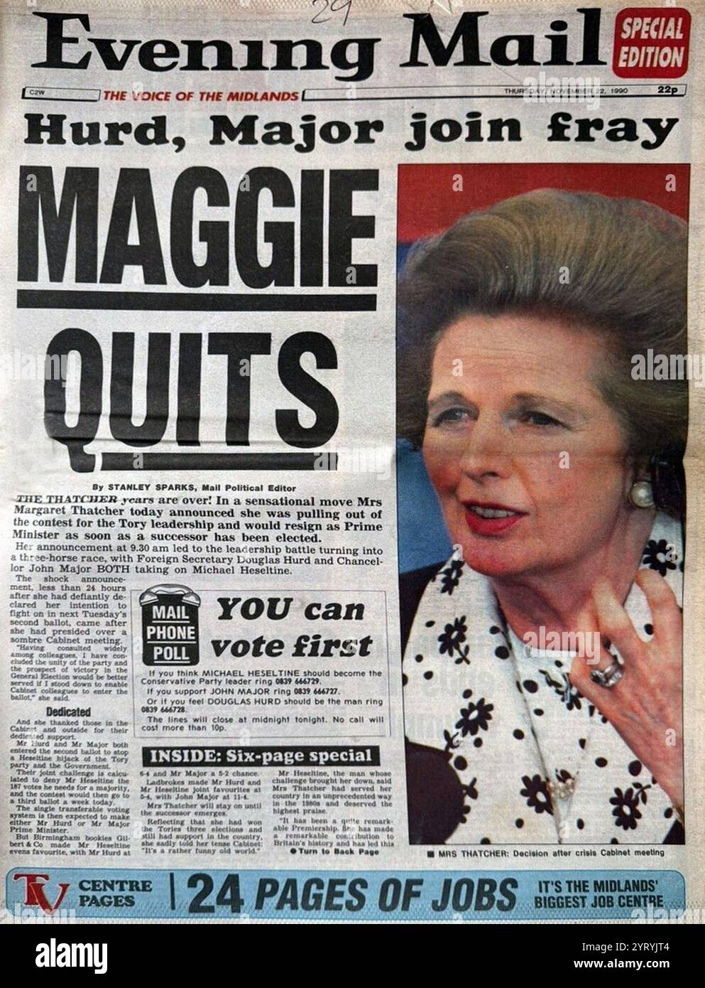 Evening Mail-Titelseite, die den Rücktritt von Premierminister Thatcher im November 1990 ankündigt Stockfoto