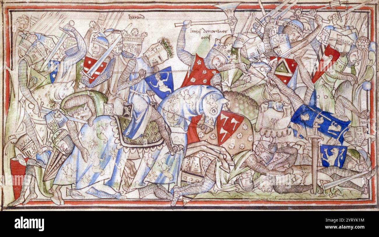 Die Schlacht von Stamford Bridge, aus dem Leben von König Eduard dem Bekenner von Matthew Paris. 13. Jahrhundert. Die Schlacht fand am 25. September 1066 statt. Es wurde zwischen der englischen Armee unter König Harold Godwinson und den norwegischen Truppen unter König Harald Hardrada und dem Bruder des englischen Königs Tostig Godwinson gekämpft. Hardrada und Tostig wurden zusammen mit den meisten Norwegern getötet. Obwohl Harold Godwinson die norwegischen Eindringlinge abwehrte. Seine Armee wurde dann Wochen später von den Normannen in Hastings besiegt. WHA 197 0728 Stockfoto