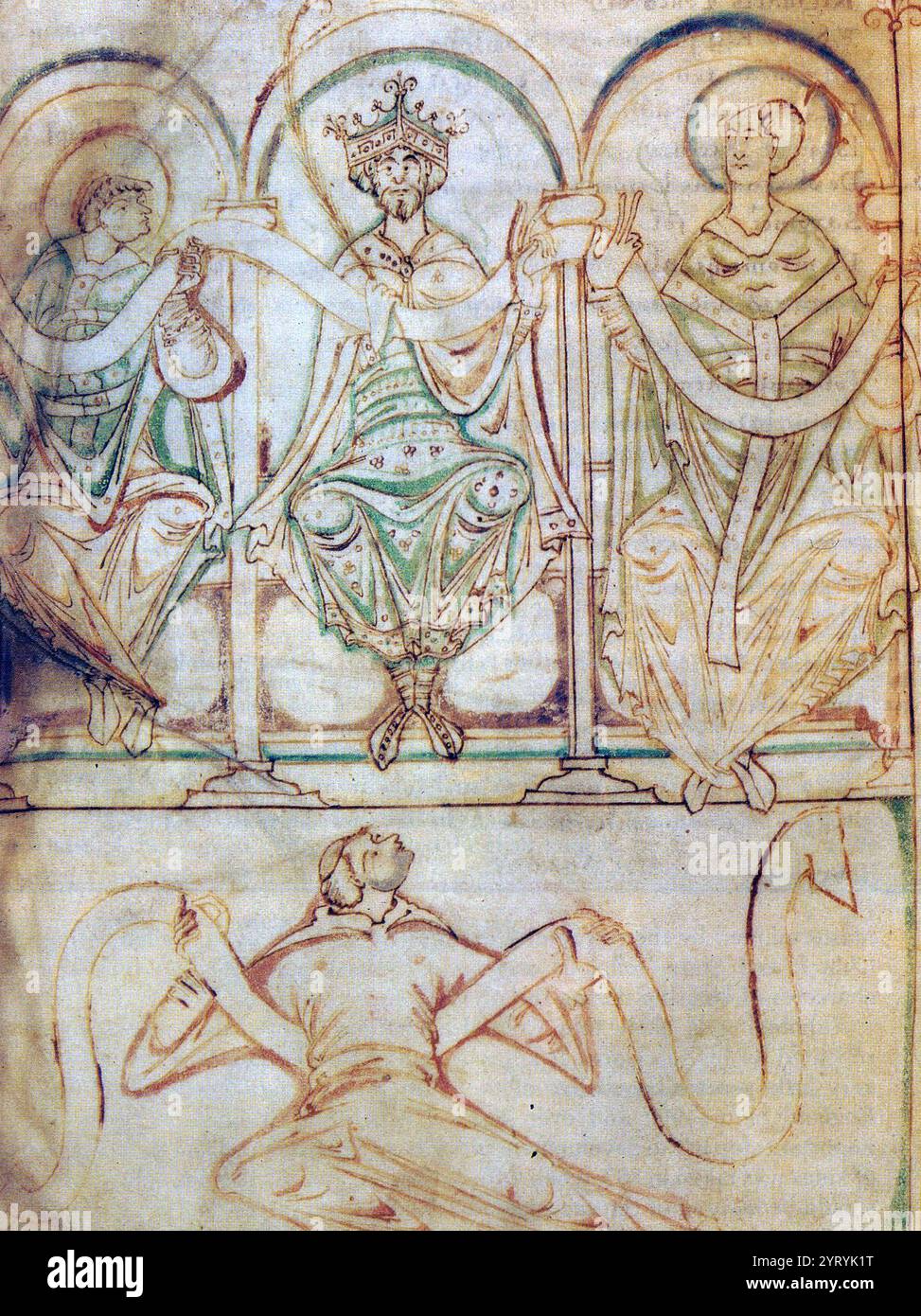 König Edgar saß zwischen St. ?thelwold, Bischof von Winchester, und St. Dunstan, Erzbischof von Canterbury. Aus einem Manuskript der Regularis Concordia aus dem elften Jahrhundert. Stockfoto