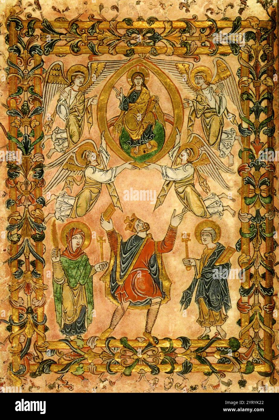 König Edgar in der Charta des New Minster, Winchester. Die englische Benediktinerreform (Klosterreform) der englischen Kirche im späten 10. Jahrhundert war eine religiöse und intellektuelle Bewegung in der späteren angelsächsischen Zeit. Die Reformer versuchten, unverheiratete Geistliche in Klöstern zu installieren. Die wichtigsten Persönlichkeiten waren Dunstan, Erzbischof von Canterbury, ?thelwold, Bischof von Winchester, und Oswald, Erzbischof von York. Die Reformbewegung wurde dominiert unter König Edgar (959–975), der die Vertreibung des weltlichen Klerus aus Klöstern und Domkapiteln unterstützte und deren Ersetzung durch MON unterstützte Stockfoto