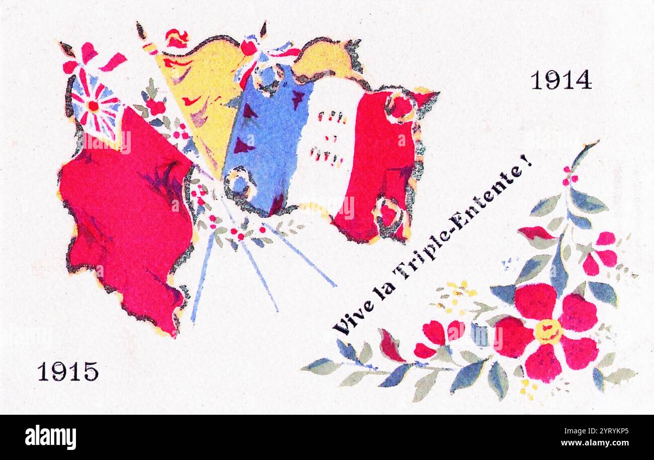 Französische Postkarte zur Feier des Zehntausends von Großbritannien, Frankreich und Russland. 1915. Stockfoto