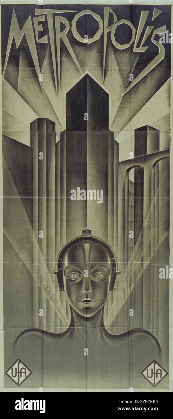 Metropolis von Regisseur Fritz lang (1890–1976) gilt allgemein als Meisterwerk des deutschen Expressionismus und Vorreiter des modernen Science-Fiction-Films. Der Film wurde 1925–26 in den Babelsberg-Studios der führenden deutschen Filmgesellschaft Universum Film AG (Ufa) gedreht und im Januar 1927 in Berlin uraufgeführt. Dieses Art-Deco-Plakat des deutschen Grafikers und Malers Heinz Schulz-Neudamm (1899–1969) wurde 1926 für die Premiere geschaffen. Langs Film, der auf dem gleichnamigen Roman seiner Frau Thea von Harbou (1888–1954) basiert, zeigt eine urbane Dystopie, die im YE spielt Stockfoto