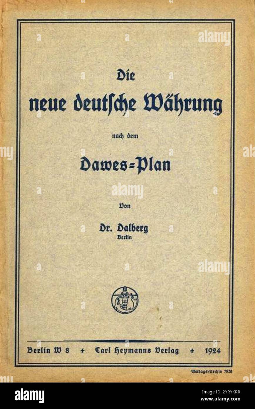 Deutsche Ausgabe des Dawes-Plans. Der Plan regelte teilweise die Frage der Wiedergutmachung, die Deutschland den Alliierten des Ersten Weltkriegs schuldete. Der 1924 eingeführte Plan beendete die Krise in der europäischen Diplomatie, nachdem französische und belgische Truppen das Ruhrgebiet besetzt hatten, weil Deutschland seinen Wiedergutmachungspflichten nicht nachgekommen war. Der Plan sah einen Zeitplan für die Auszahlung von Reparationen vor und bot ein großes Darlehen zur Stabilisierung der deutschen Währung an. Stockfoto