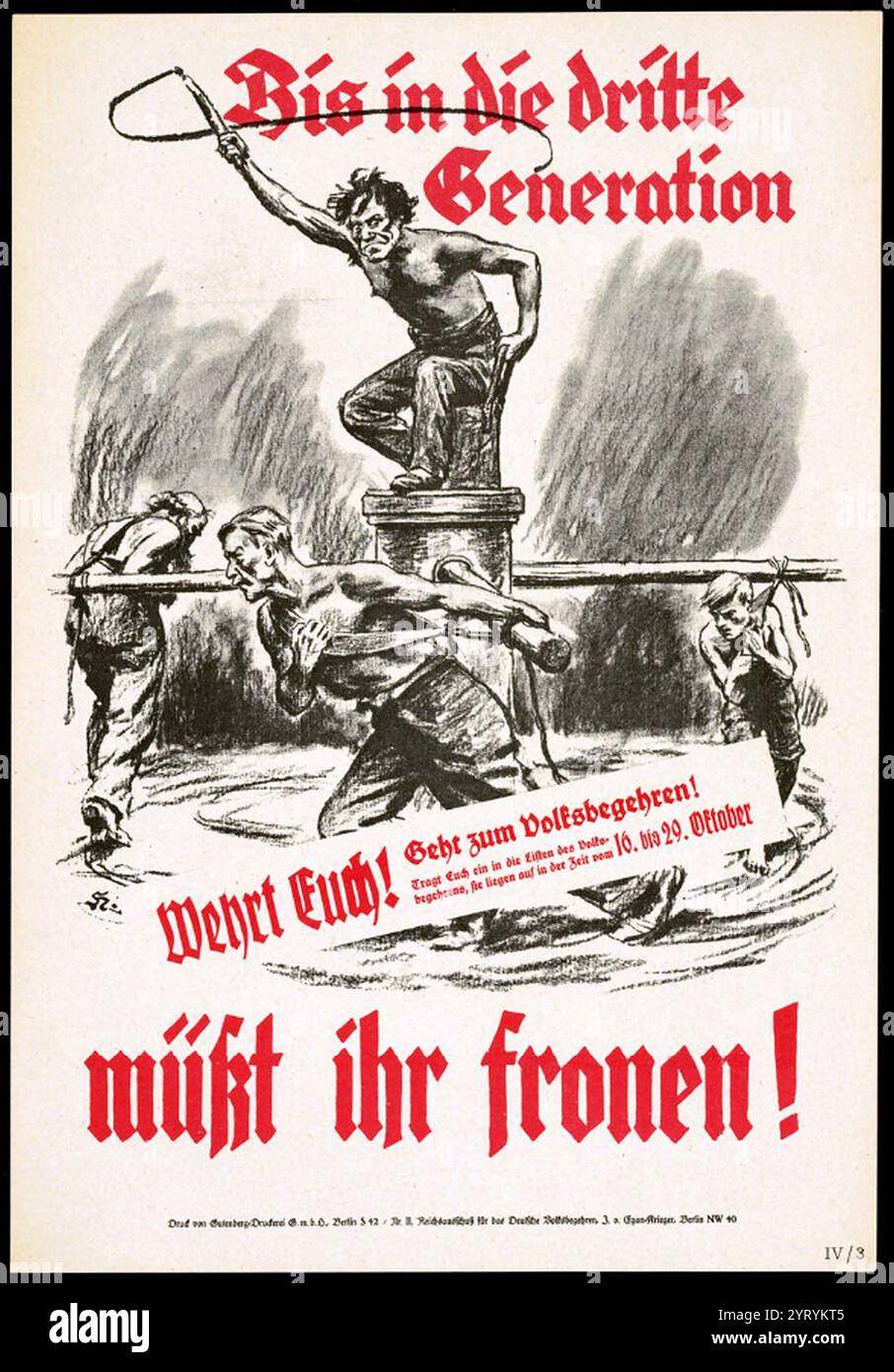 Anti-Young Plan deutsches Propagandaplakat. Der Young Plan, der finanzielle Verbesserungen brachte und die Wiedergutmachungsverpflichtungen Deutschlands senkte. Die Nationalsozialistische Deutsche Arbeiterpartei (NSDAP) und die Deutsche Volkspartei (DNVP) sahen den Jungen Plan als „Oberes Versailles“ an und lehnten den Plan ab. Die beiden Parteien sammeln vier Millionen Unterschriften für ein Referendum (Freiheitsgesetz). Dieses Gesetz würde auf alle Wiedergutmachungen verzichten und es zu einer Straftat für jeden deutschen Beamten machen, bei der Sammlung mitzuwirken. Obwohl sie genug Stimmen erhielten, wurden die NSDAP und die DNVP Stockfoto