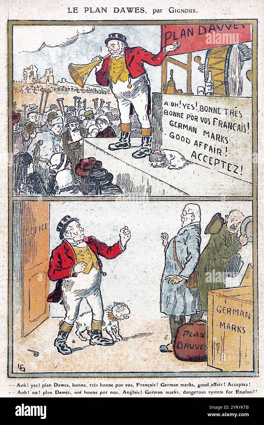 Französische satirische Karikaturen über den Dawes-Plan. Der Plan regelte teilweise die Frage der Wiedergutmachung, die Deutschland den Alliierten des Ersten Weltkriegs schuldete. Der 1924 eingeführte Plan beendete die Krise in der europäischen Diplomatie, nachdem französische und belgische Truppen das Ruhrgebiet besetzt hatten, weil Deutschland seinen Wiedergutmachungspflichten nicht nachgekommen war. Der Plan sah einen Zeitplan für die Auszahlung von Reparationen vor und bot ein großes Darlehen zur Stabilisierung der deutschen Währung an. Stockfoto