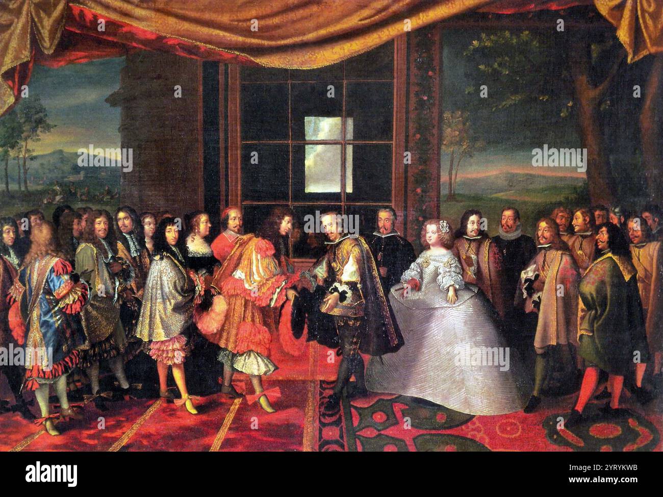 Maria Theresia übergab ihrem Ehemann durch Bevollmächtigten Ludwig XIV. Das Interview von Ludwig XIV. Und Felipe IV. Auf der Fasaninsel von Jacques Laumosnier. Kardinal Mazarin in roten Gewändern, steht hinter Ludwig XIV. Und neben Königin Ann von Österreich. König Philipp IV. Steht vor der Infantin Elisabeth. Stockfoto