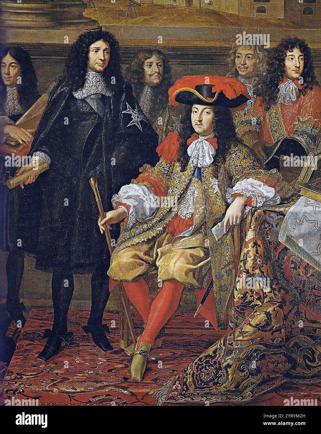 König Ludwig XIV. Von Frankreich (Mitte, sitzend) mit seinem Minister Colbert (schwarzes Gewand, stehend) während der Gründung des Acad?mie des Sciences (1667) durch Henri Testelin (1616?1695) Stockfoto