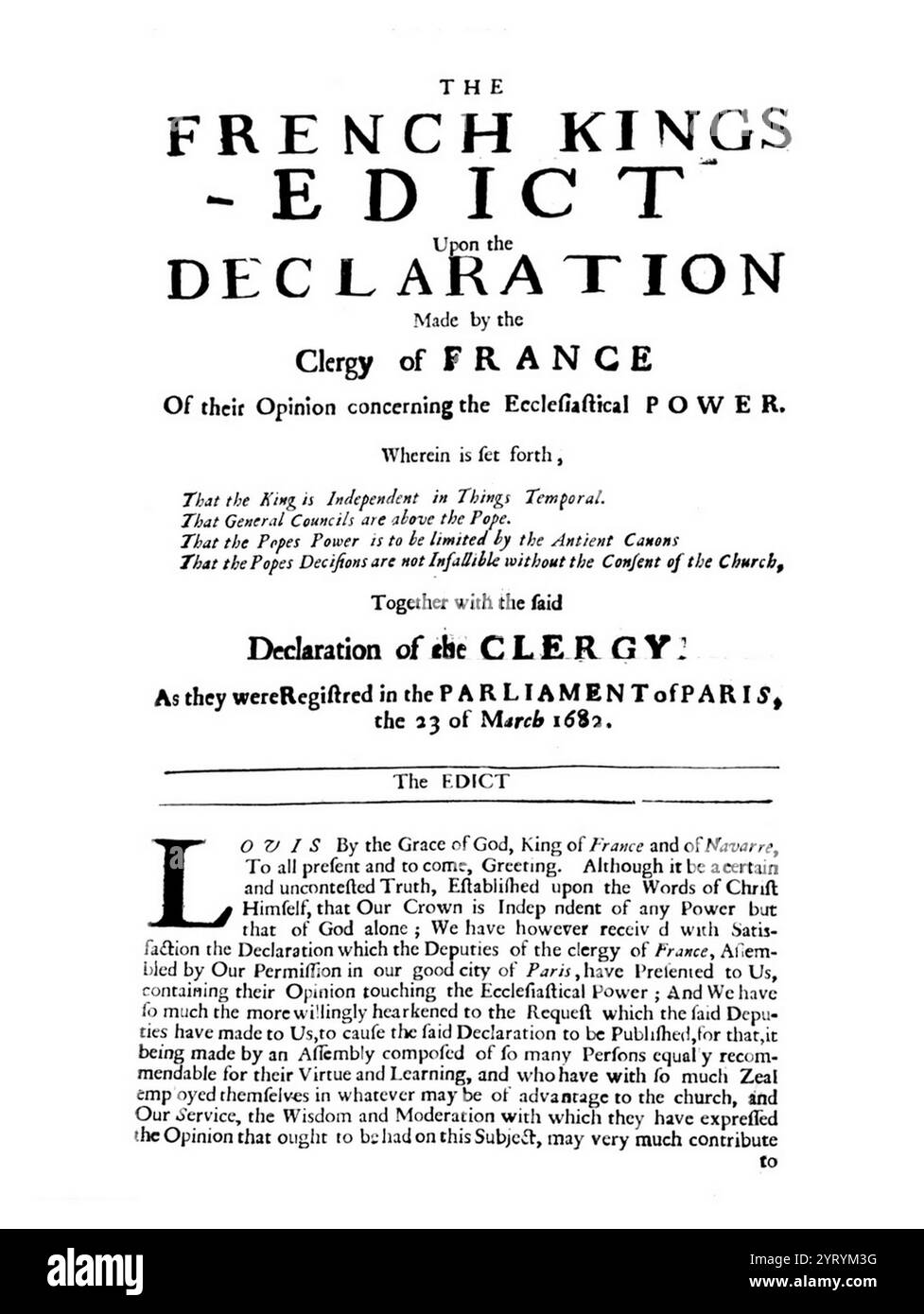 Die Erklärung des Klerus von Frankreich war ein Dokument mit vier artikeln der Versammlung des französischen Klerus von 1681. 1682 wurde die Gallicanismus-Prinzipien erstmals in ein System umgewandelt, das offiziell und endgültig formuliert wurde. Stockfoto