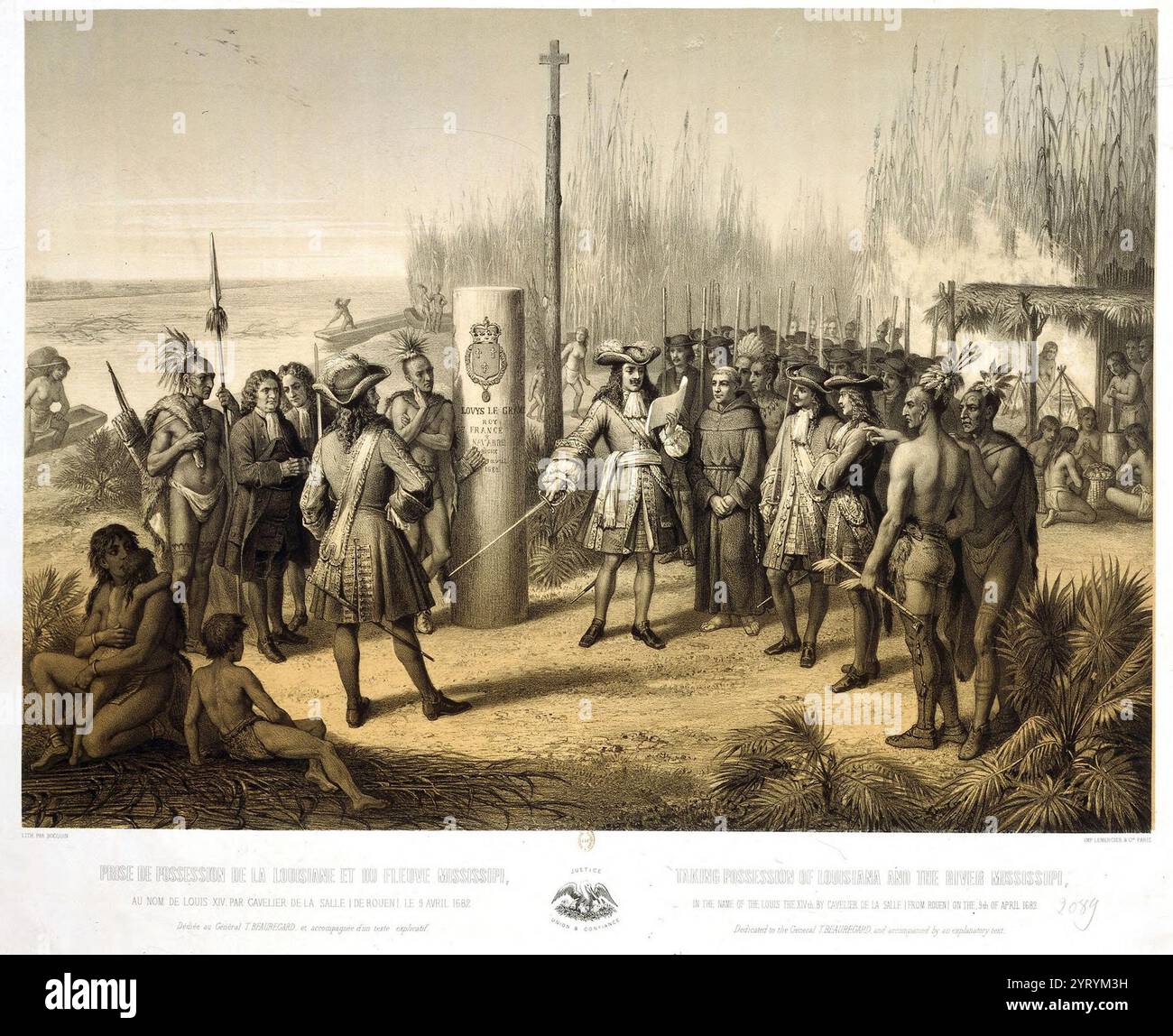 Die Übernahme von Louisiana und dem Mississippi River im Namen Louis XIV. Durch Cavalier de La Salle am 9. April 1682. Ren?-Robert Cavalier, Sieur de La Salle (1643 ? 1687), französischer Entdecker und Pelzhändler aus dem 17. Jahrhundert in Nordamerika. Er ist vor allem für eine Expedition zu Beginn des Jahres 1682 bekannt, bei der er das Mississippi-Becken für Frankreich beanspruchte und ihm den Namen La Louisiane gab. Stockfoto