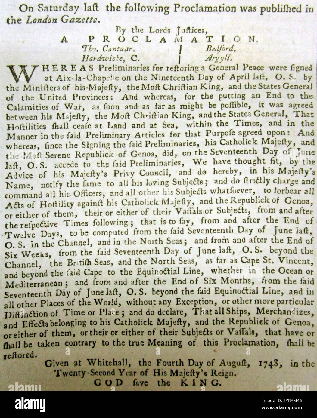 Die Zeitung Northampton Mercury berichtet über die Unterzeichnung des Vertrages Aix La Chapelle 1748 zwischen Holland, Spanien und Frankreich. Stockfoto