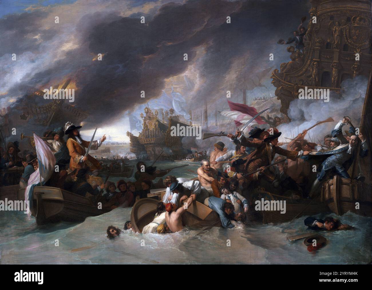 Die Schlacht von La Hogue bei Benjamin West (1738?1820). Die Schlacht von La Hougue fand während des Neunjährigen Krieges 1692 in Cherbourg und Saint-Vaast-la-Hougue in der Normandie statt. Die englisch-niederländische Flotte verfolgte die in der Unterzahl unterlegenen Franzosen in die Häfen Cherbourg und La Hougue, zerstörte insgesamt 15 Schiffe und beendete die Bedrohung für England. Lackiert um 1778 Stockfoto