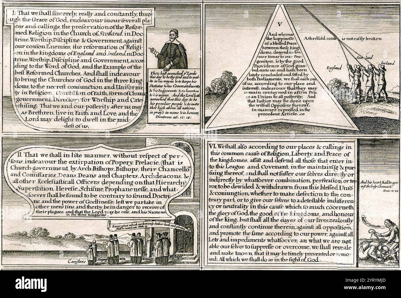 Feierliche Liga und Bündnis. Satirische Broschüre mit vier der acht Klauseln des Paktes. 1643; von Wenceslaus Hollar Stockfoto