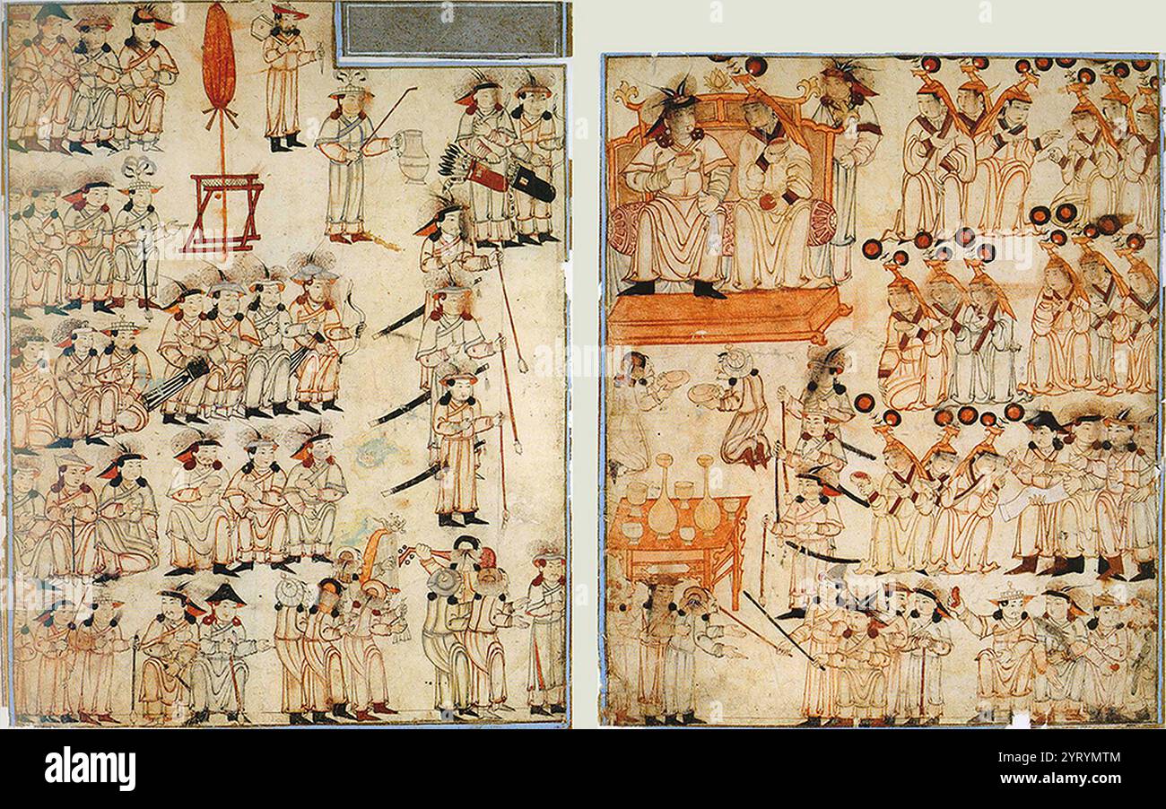 Enthronisierung eines mongolischen Herrschers. Illustration von Rashid-ad-DIN's Gami' at-Tawarih. Tabriz, 1. Viertel des 14. Jahrhunderts. Khuraldai war ein politischer und militärischer rat der alten mongolischen und türkischen Häuptlinge und Khans. Stockfoto