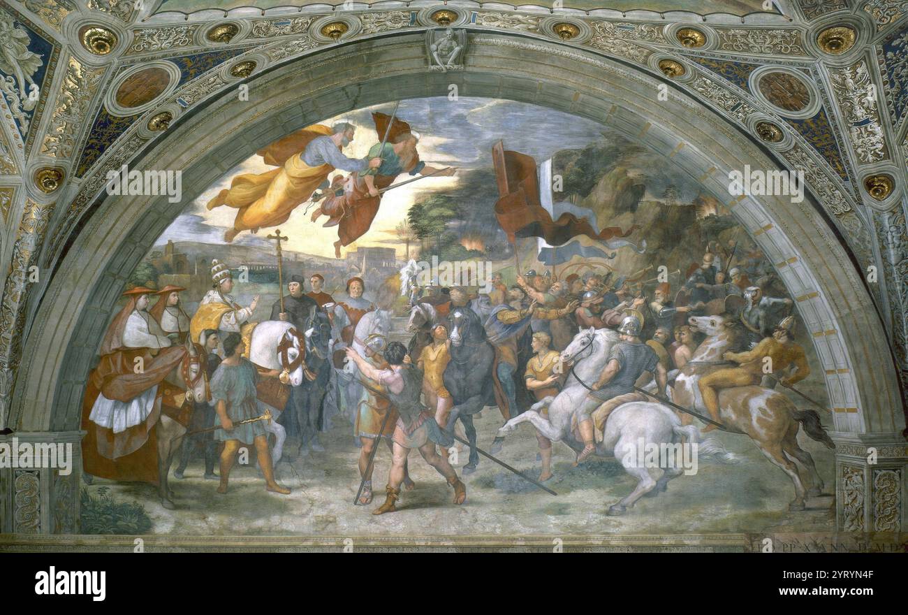Das Treffen von Leo I. und Attila ist ein Fresko des italienischen Renaissance-Künstlers Raphael. Es wurde von 1513 bis 1514 im Rahmen von Raffael' auftrag zur Dekoration der Räume, die heute als Stanze di Raffaello bekannt sind, im Apostolischen Palast im Vatikan gemalt. Sie befindet sich in der Stanza di Eliodoro, die nach der Vertreibung von Heliodorus aus dem Tempel benannt wurde. Das Gemälde zeigt die Begegnung zwischen Papst Leo I. und Attila dem Hunnen, die 452 in Norditalien stattfand. Raphael änderte das Bild, um dem neuen Papst Leo X. zu ähneln Stockfoto