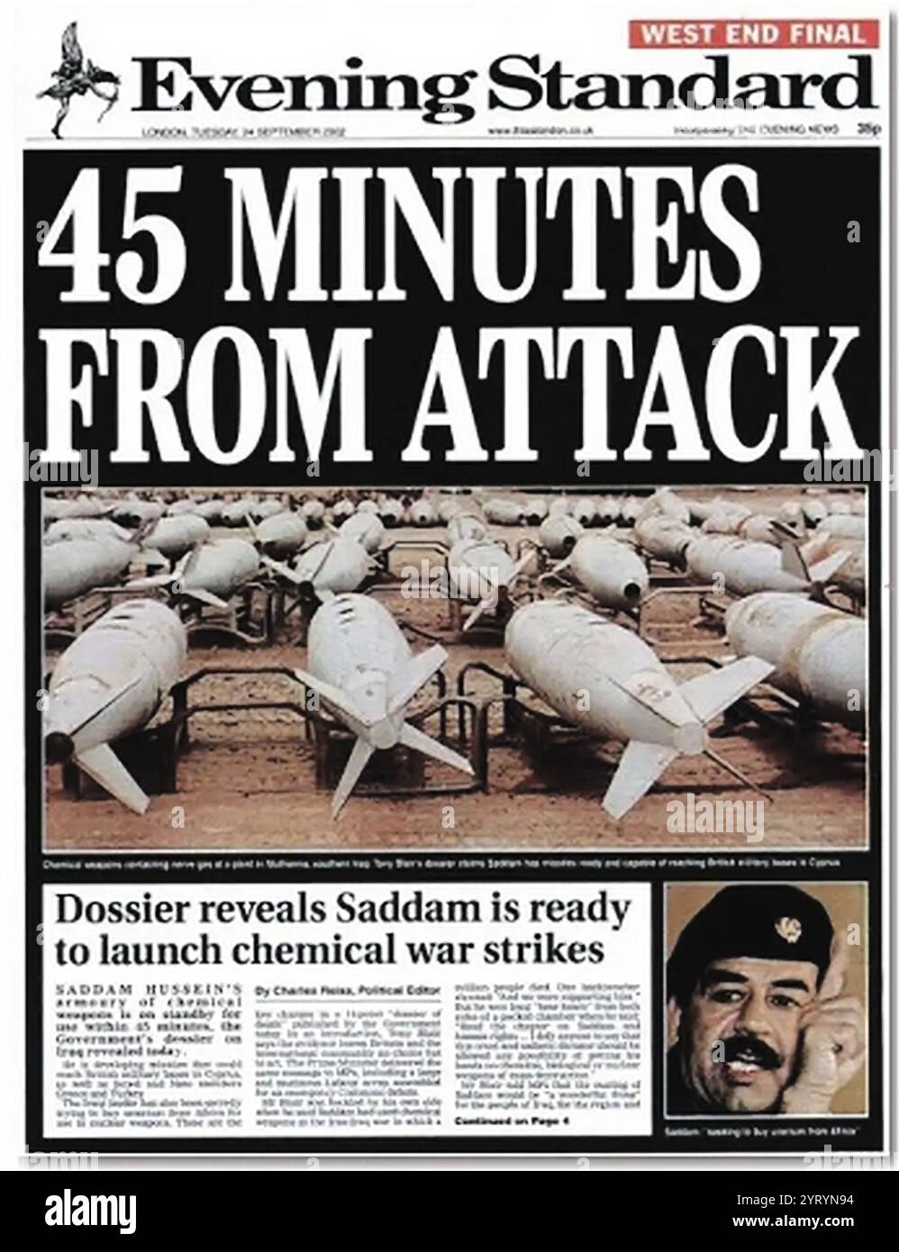 Im September 2002 wurde das Schlüsseldossier der Blair-Regierung über die Massenvernichtungswaffen des Irak veröffentlicht. Wurde von der Titelseite des wiedergegeben? London Evening Standard?: 45 MINUTEN VOM ANGRIFF? Stockfoto