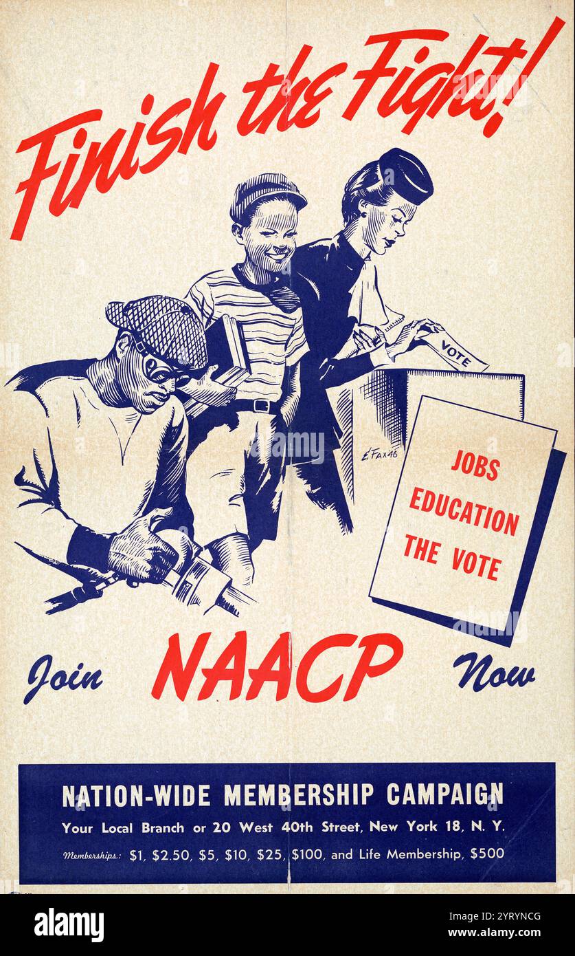 Beende den Kampf!--schließe dich NAACP Now 1946 NAACP Werbeplakat an, auf dem Frauen wählen, Jungen Bücher tragen und Männer arbeiten. Von Elton C. Fax. Veröffentlicht von der National Association for the Advancement of Coloured People Stockfoto