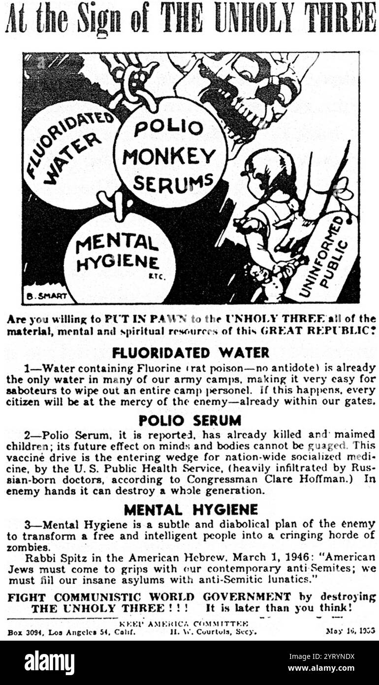 Flyer, veröffentlicht im Mai 1955 vom Keep America Committee, in dem die Leser aufgefordert werden, die kommunistische Weltregierung zu bekämpfen, indem sie sich gegen öffentliche Gesundheitsprogramme stellen. Im Zeichen der UNHEILIGEN DREI wurde ein Flugblatt veröffentlicht, um die Geisteshygiene als kommunistisches Ziel zu fördern, die USA zu zerstören Stockfoto