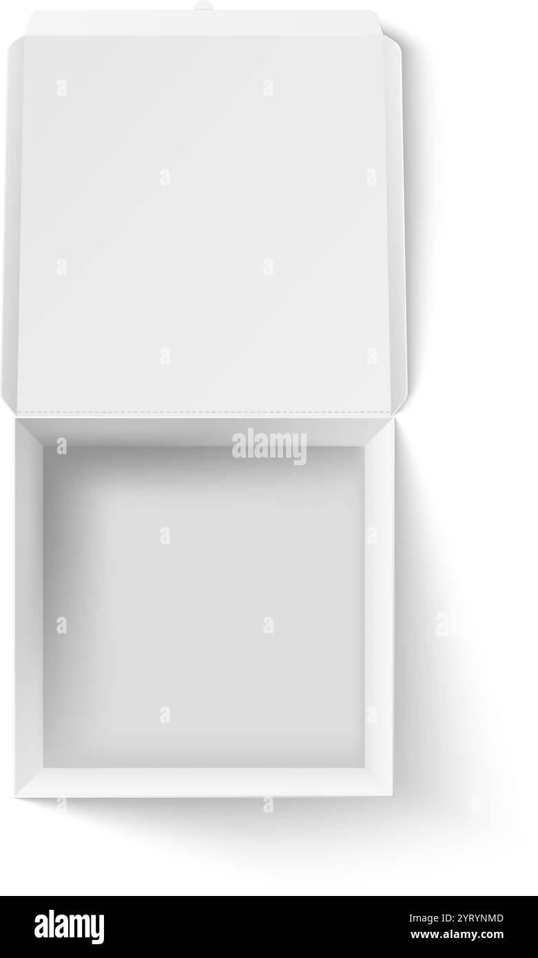 Realistische 3D-Vektor-Illustration einer leeren offenen weißen Papppizzaschachtel, präsentiert in der Draufsicht, wodurch ein sauberes und minimalistisches Modell für Design entsteht Stock Vektor