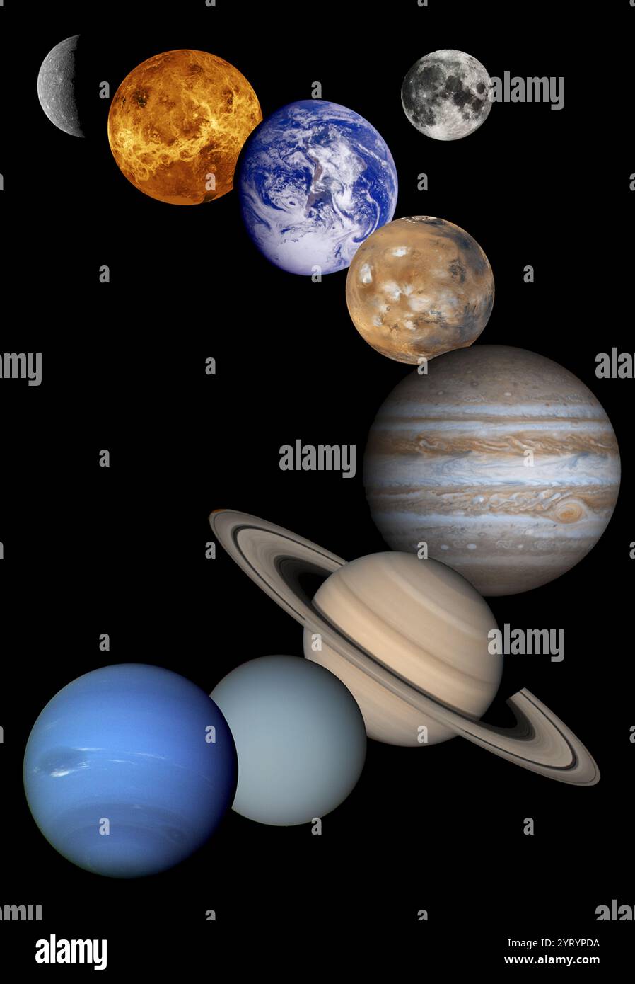 Montage von Planetenbildern, die von Raumfahrzeugen aufgenommen wurden, die vom Jet Propulsion Laboratory in Pasadena, CA. Verwaltet wurden. Enthalten sind (von oben nach unten) Bilder von Quecksilber, Venus, Erde (und Mond), Mars, Jupiter, Saturn, Uranus und Neptun. Für diese Bilder sind folgende Raumfahrzeuge verantwortlich: Stockfoto