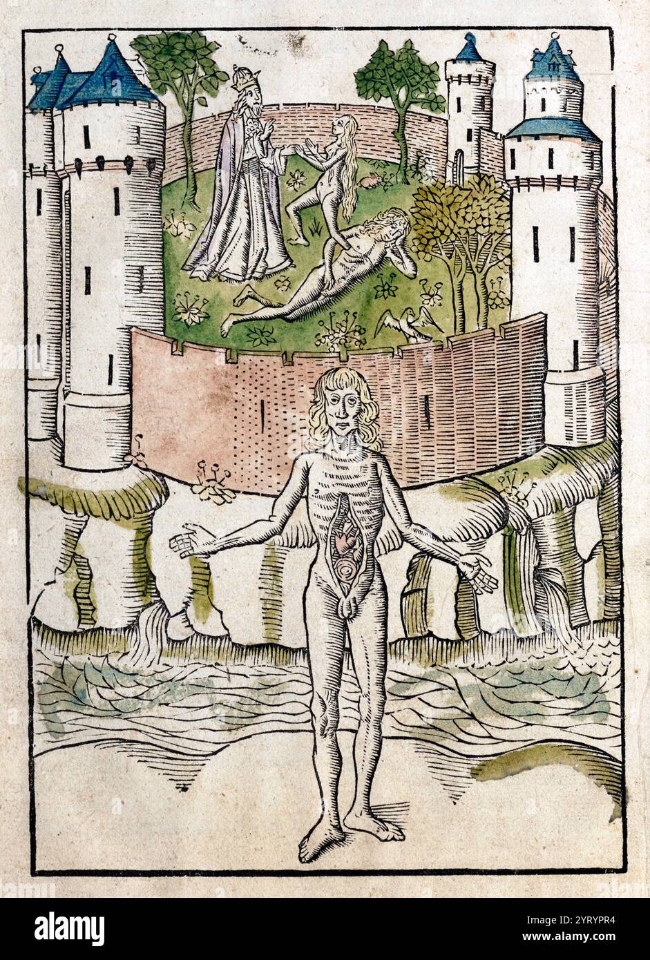 Hier eyndet dat boeck welck ghehieten ist Bartholomeus Vanden proprieteyten der Dinghen. Holzschnitt-Illustration in Bartholomaeus Anglicus: De proprietatibus rerum. 13. Jahrhundert. Stockfoto