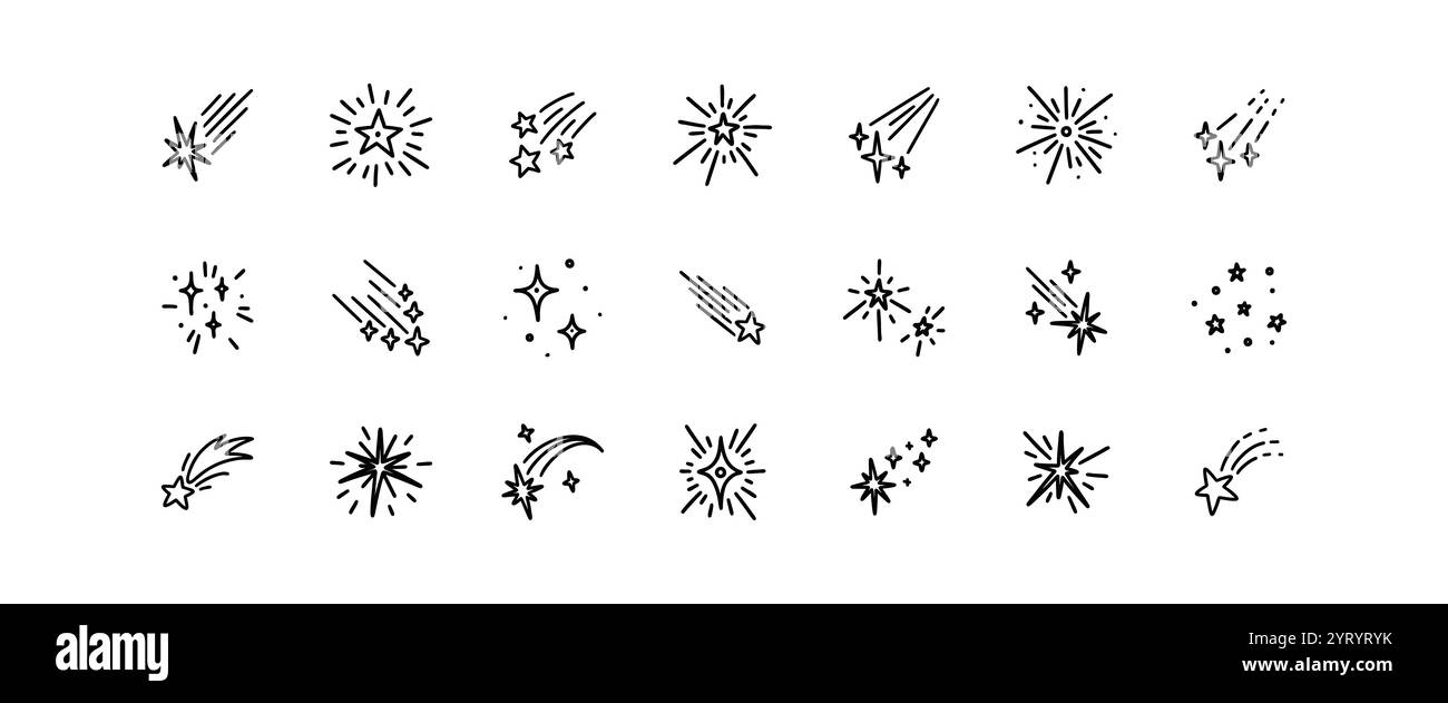 Kritzele Sterne, Kometen, Asteroiden-Symbolsatz. Handgezeichnete Linie kosmische Sternenhimmel Elemente. Glitzer, Funken, funkeln Skizze süße Illustrationen. Stift und Stift Stock Vektor