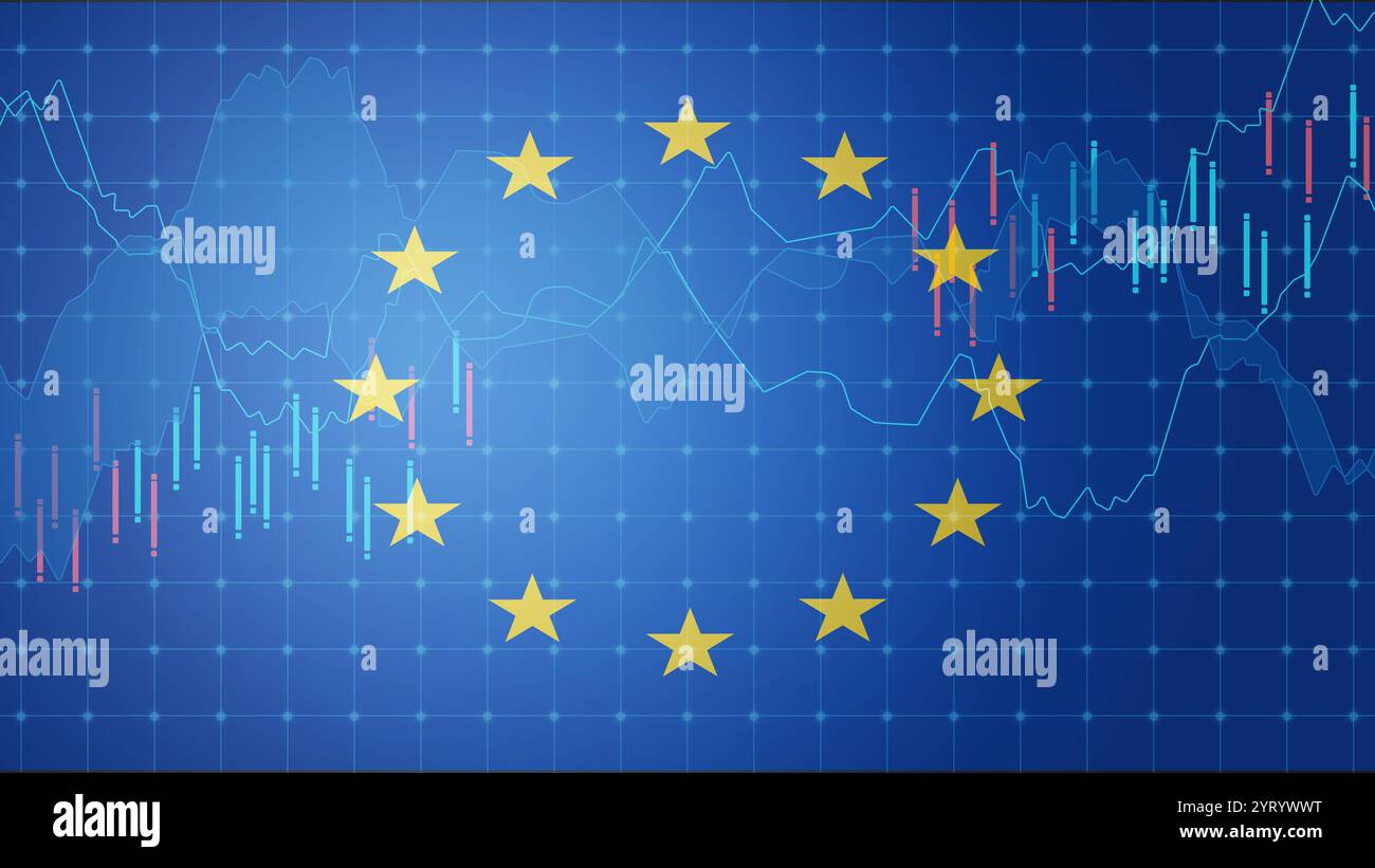 Diagramm der Flagge der Europäischen Union und der Finanzmärkte, Diagramm. Die europäische Wirtschaft. Stockfoto