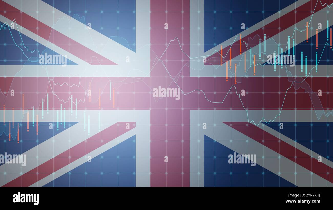 Abbildung der britischen Flagge und der Finanzmärkte , Diagramm. Britische Wirtschaft. Stockfoto
