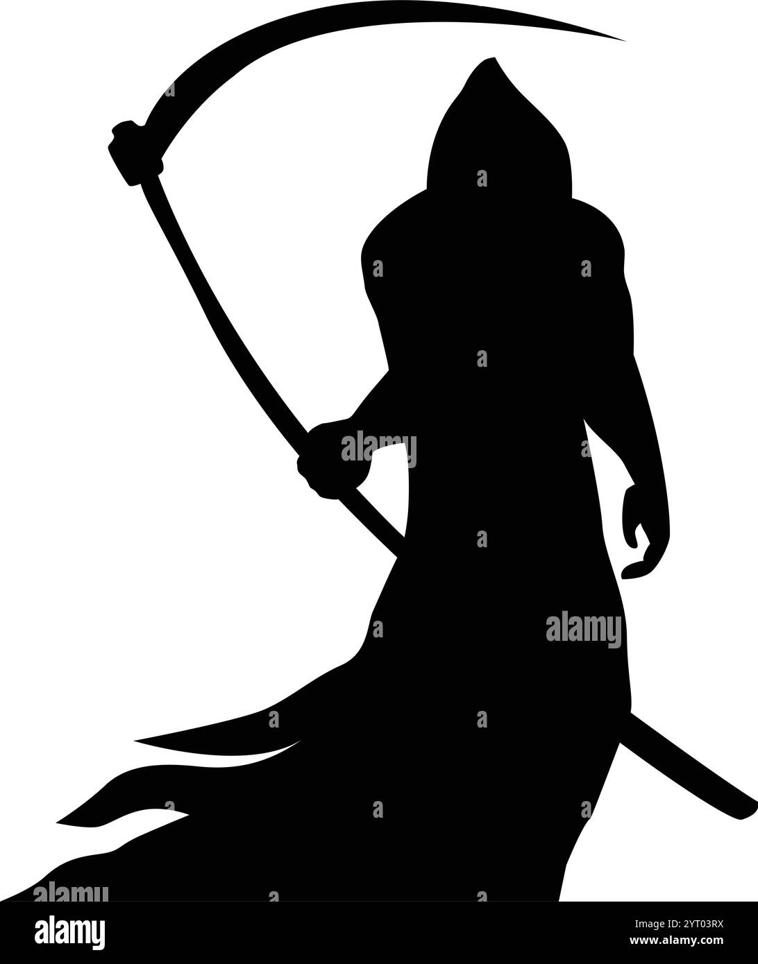 Eine grimmige Sensenmann-Silhouette, die in Schwarz gekleidet ist und große Sense trägt. Vektorsymbol auf transparentem Hintergrund Stock Vektor