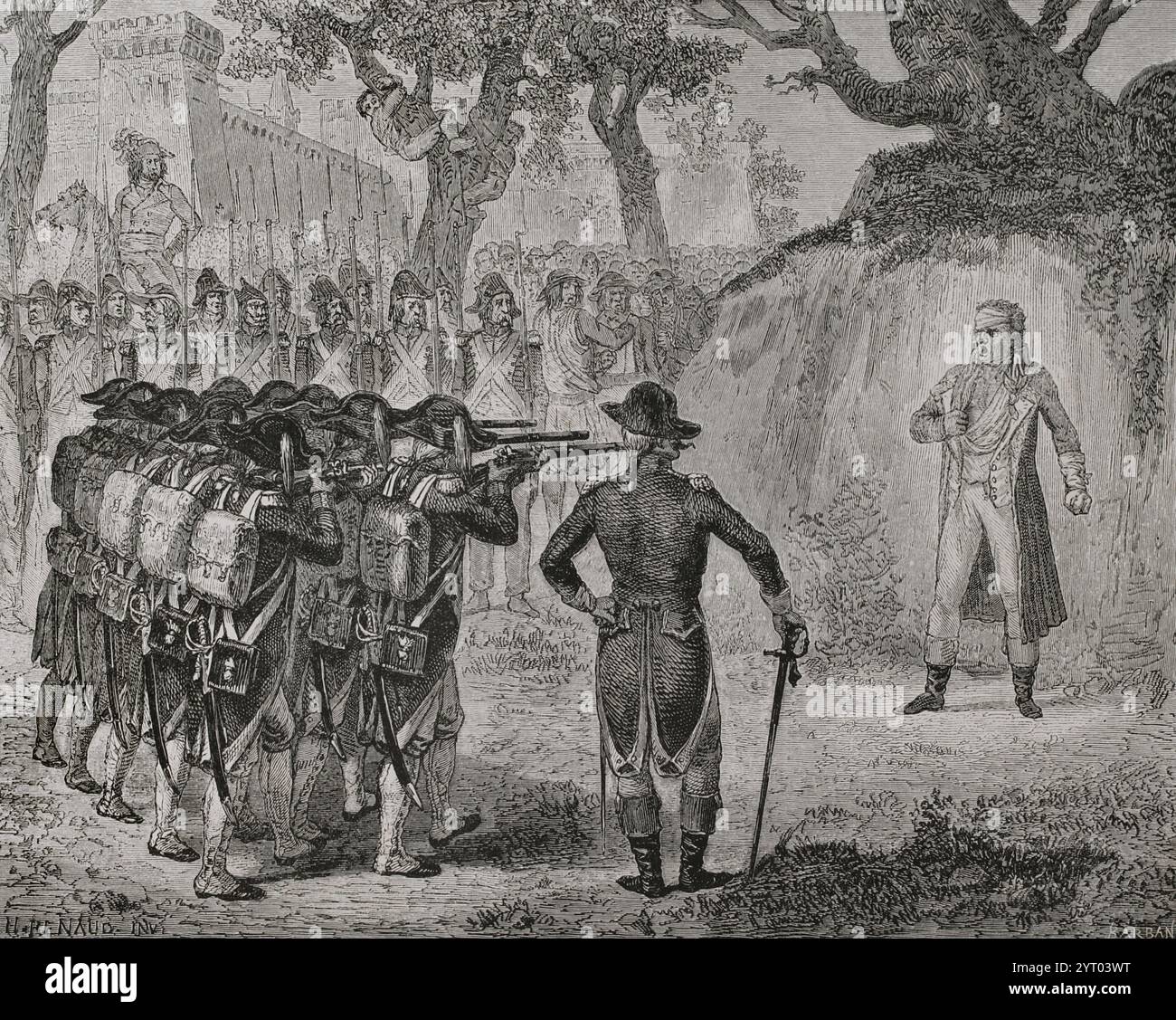 Francois de Charette (Francois Athanase Charette de La Contrie) (1763-1796). Französischer Offizier, General der katholischen und königlichen Armee von Vendee. Er wurde zum Tode verurteilt und am 29. März 1796 auf der Place Viarme in Nantes hingerichtet. Vor dem Erschießungskommando weigerte er sich, die Augen verbunden zu werden und empfahl sich Gott. Der Tod von Charette. Zeichnung von H. Renaud. Gravur von Barbant. Verlauf Stockfoto