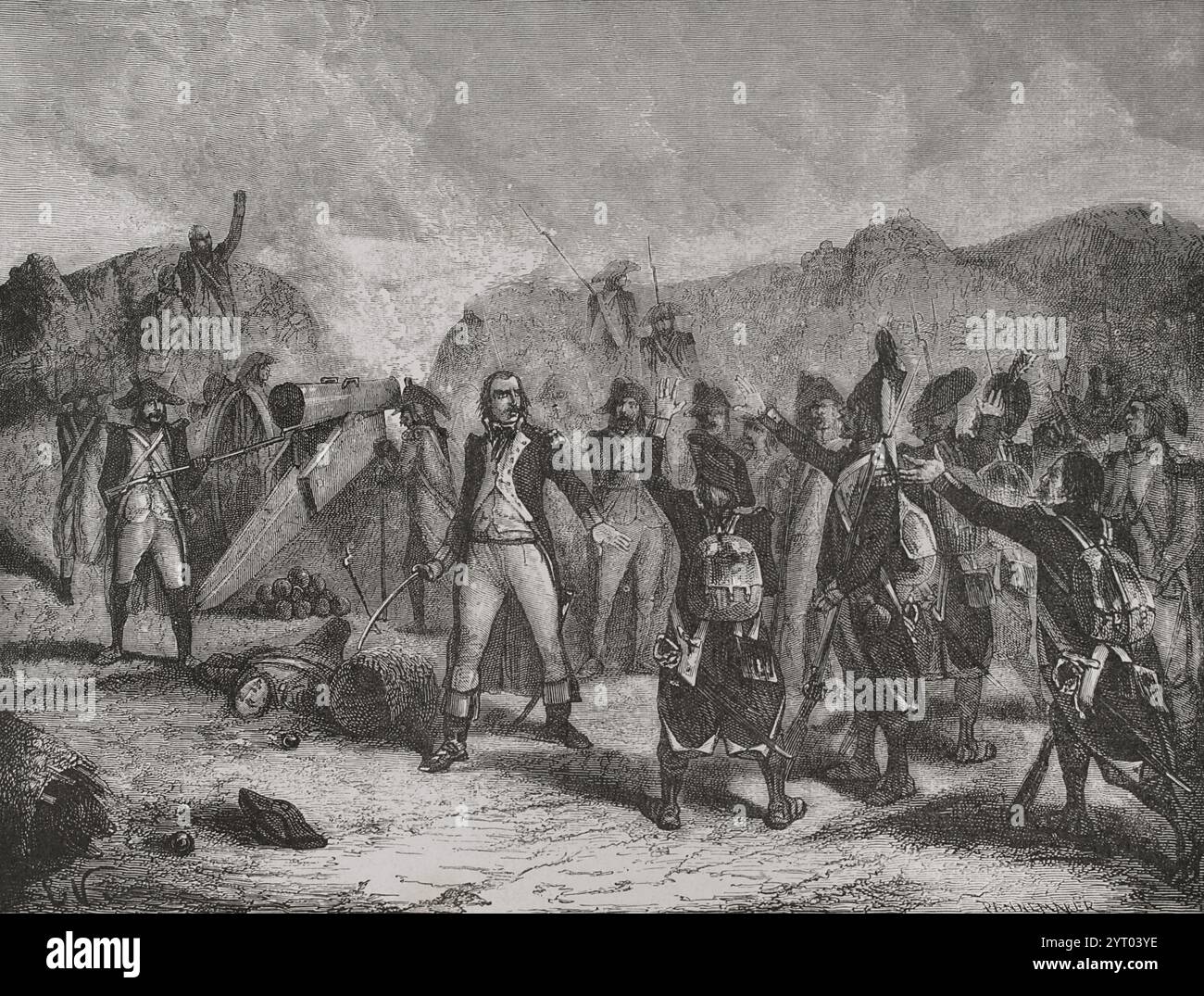 Französische Revolutionskriege. Krieg der Ersten Koalition (1792-1797). Italienische Kampagnen. Schlacht von Montenotte (12. April 1796). Die französische Armee unter Napoleon Bonaparte besiegte die österreichisch-sardischen Truppen unter Eugène-Guillaume Argenteau. Stich von Pannemaker. Verlauf Stockfoto