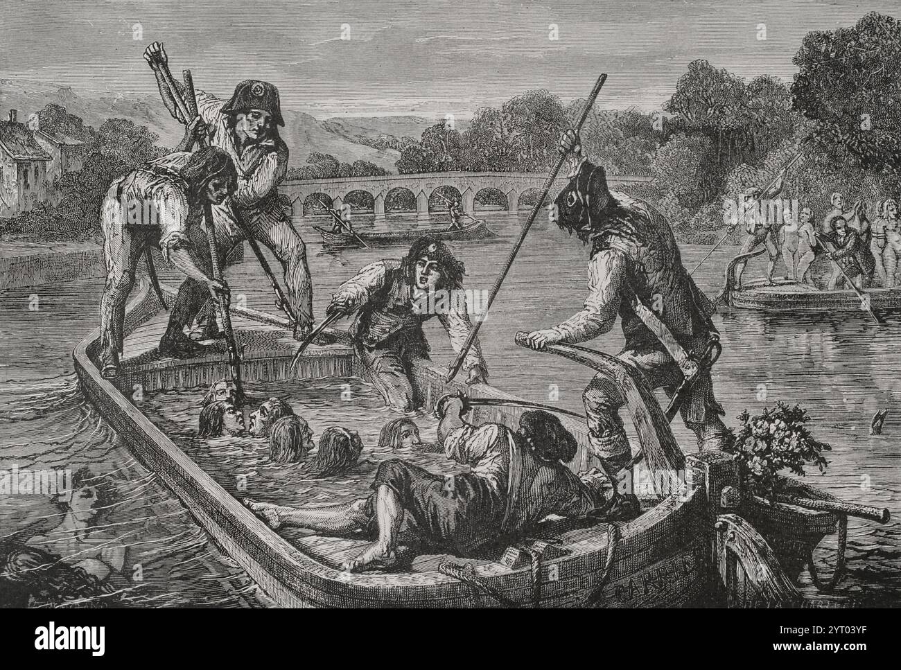 Französische Revolution. Massenhinrichtungen durch Ertrinken während der Herrschaft des Terrors in Nantes, Frankreich. Sie fanden zwischen November 1793 und Februar 1794 statt. Jeder, der verhaftet und inhaftiert wurde, weil er die Revolution konsequent nicht unterstützt oder verdächtigt wurde, ein royalistischer Sympathisant zu sein, insbesondere katholische Priester und Nonnen, wurde in die Loire geworfen und auf Befehl von Jean-Baptiste Carrier, dem Vertreter der Mission in Nantes, ertrank. Zeichnung von H. de la Charlerie. Gravur. Verlauf Stockfoto