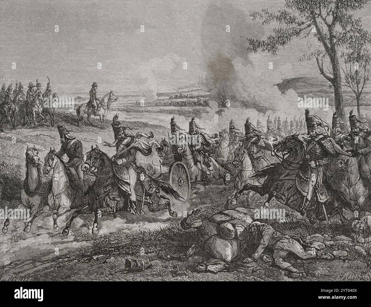 Französische Revolutionskriege. Krieg der Ersten Koalition (1792-1797). Italienische Kampagnen. Schlacht von Castiglione (5. August 1796). Die französische Armee Italiens unter General Napoleon Bonaparte besiegte eine österreichische Armee unter Feldmarschall Dagobert Sigmund von Wurmser (1724–1794) und musste sich nach Mantua zurückziehen. Zeichnung von E. Viollat. Kupferstich von C. Maurand. Verlauf Stockfoto