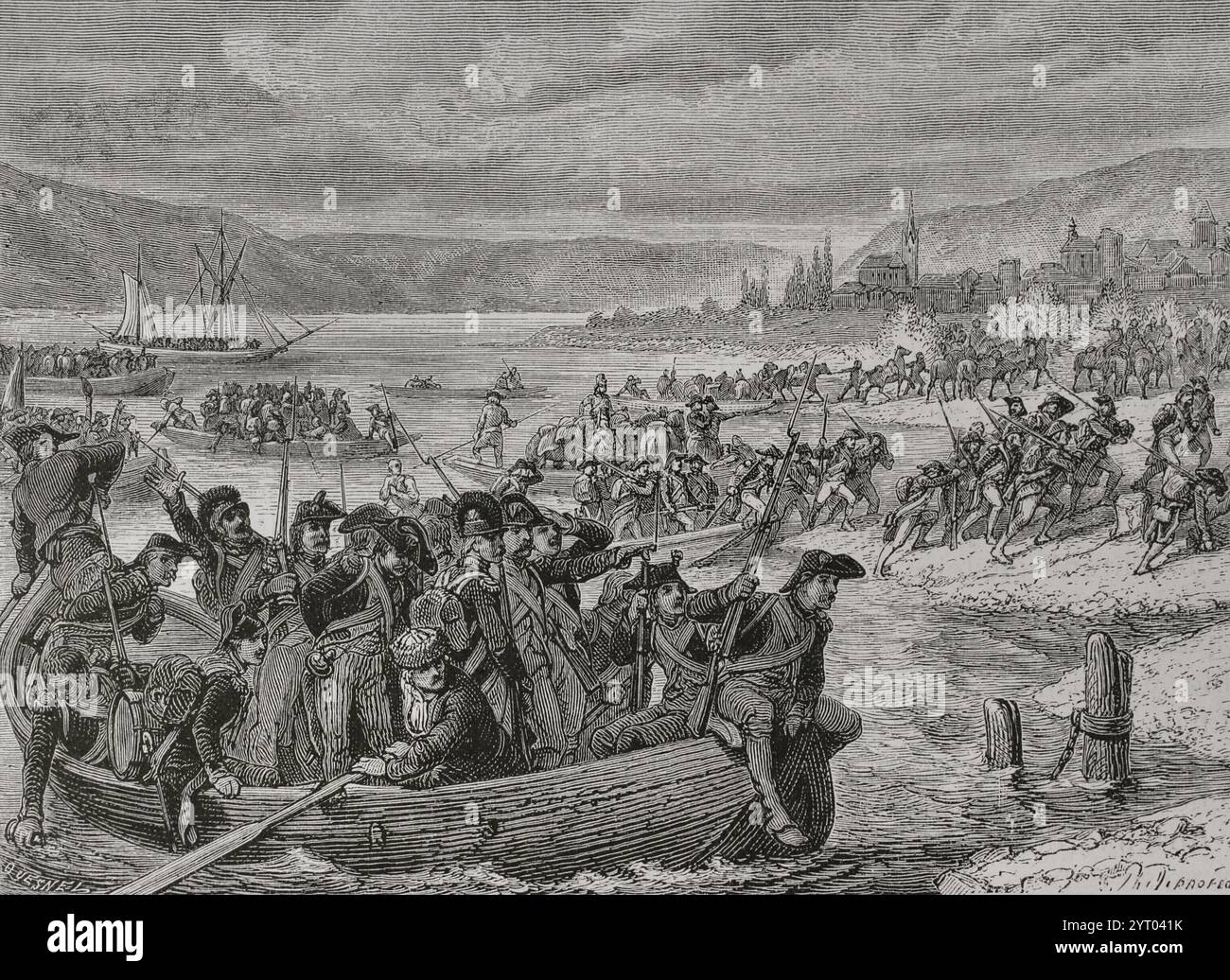 Französische Revolutionskriege. Französische Offensive auf dem Rhein, 1796. Der Hauptteil der französischen Armee von General Jean-Baptiste Jourdan (1762–1833) überquerte am 10. Juni bei Neuwied den Rhein, um sich der Armee von General Kléber (1753–1800) anzuschließen. Überquert den Rhein bei Neuwied. Gravur von Quesnel. Verlauf Stockfoto