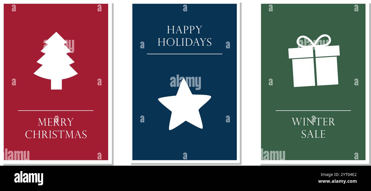 Satz weihnachtsgrußkarten mit Baumstern und Geschenkvektor-Illustration Stock Vektor
