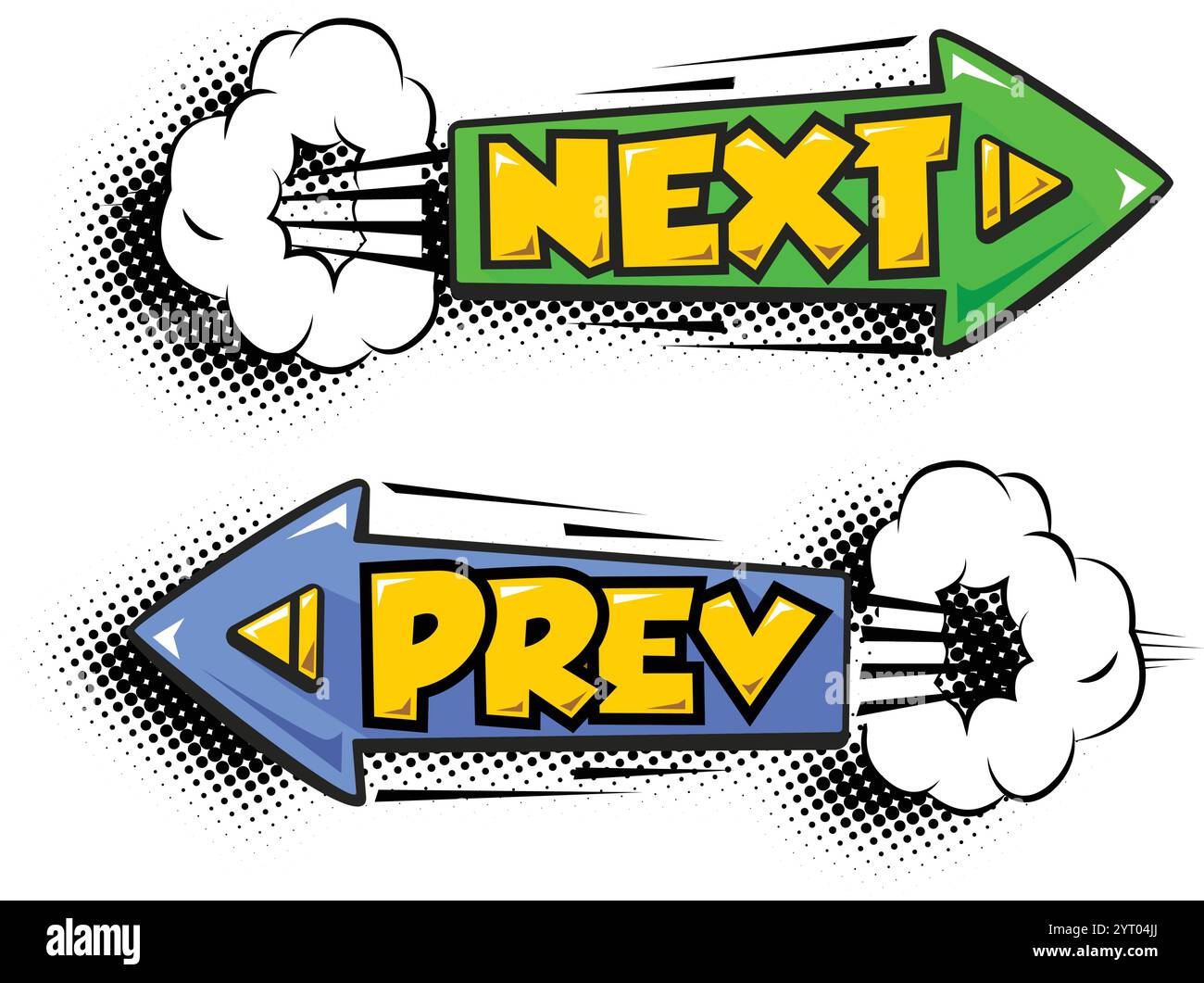 Symbol für die Schaltfläche „Weiter“ und „zurück“. Web-Schaltflächen mit Pfeilen vor und zurück im Comic-Stil. Vektor-Zeichentrickillustration auf transparentem Hintergrund Stock Vektor