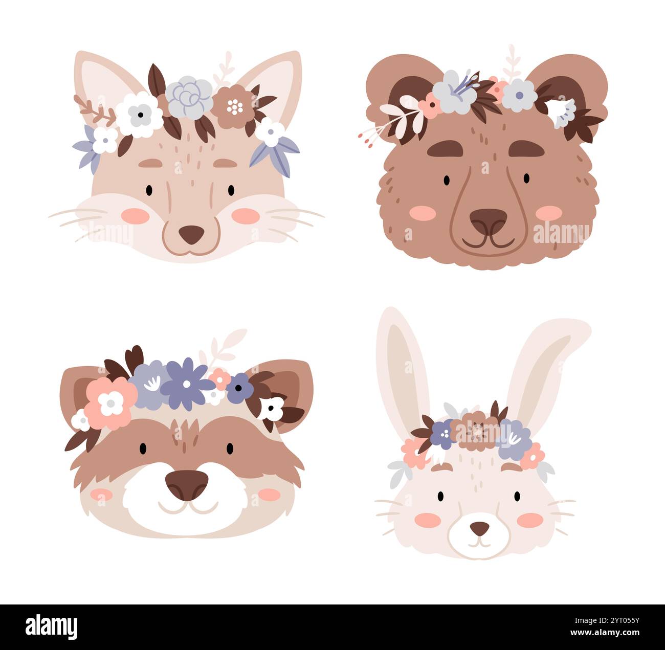 Set des Tierkopfes. Tiere in Blumenkränzen im Boho-Stil und in Pastellfarben. Fuchs, Waschbär, Bär, Hase. Stock Vektor