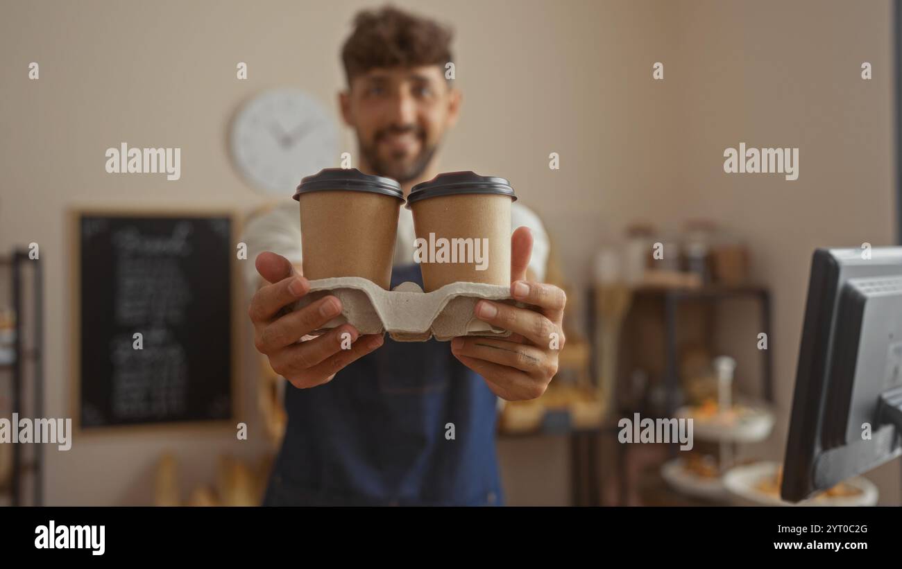 Junger Mann, der zwei Kaffeetassen zum Mitnehmen in einer Bäckerei hält, lächelt, während er eine Schürze drinnen an einer Coffee-Shop-Theke mit Gebäck und einem M trägt Stockfoto