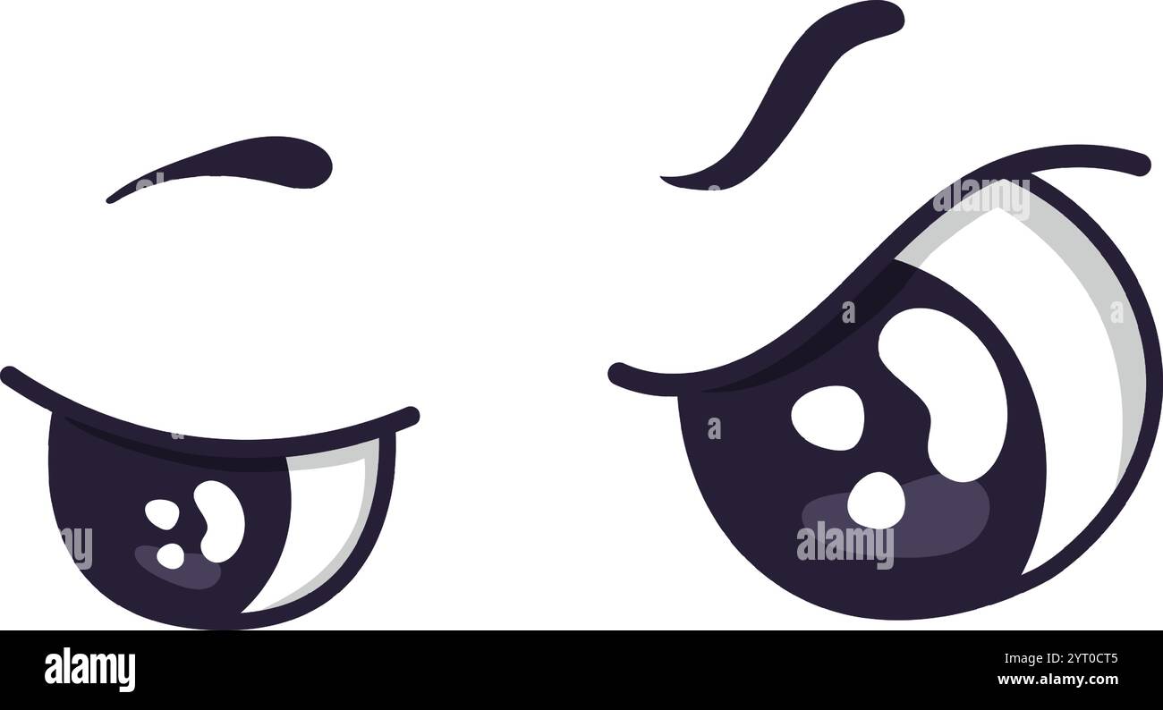 Ausdrucksstarke Cartoonaugen vermitteln eine Reihe von Emotionen, mit einem verspielten blinkenden Auge neben einem verdächtigen oder wütenden Auge, was ein humorvolles und erzeugt Stock Vektor