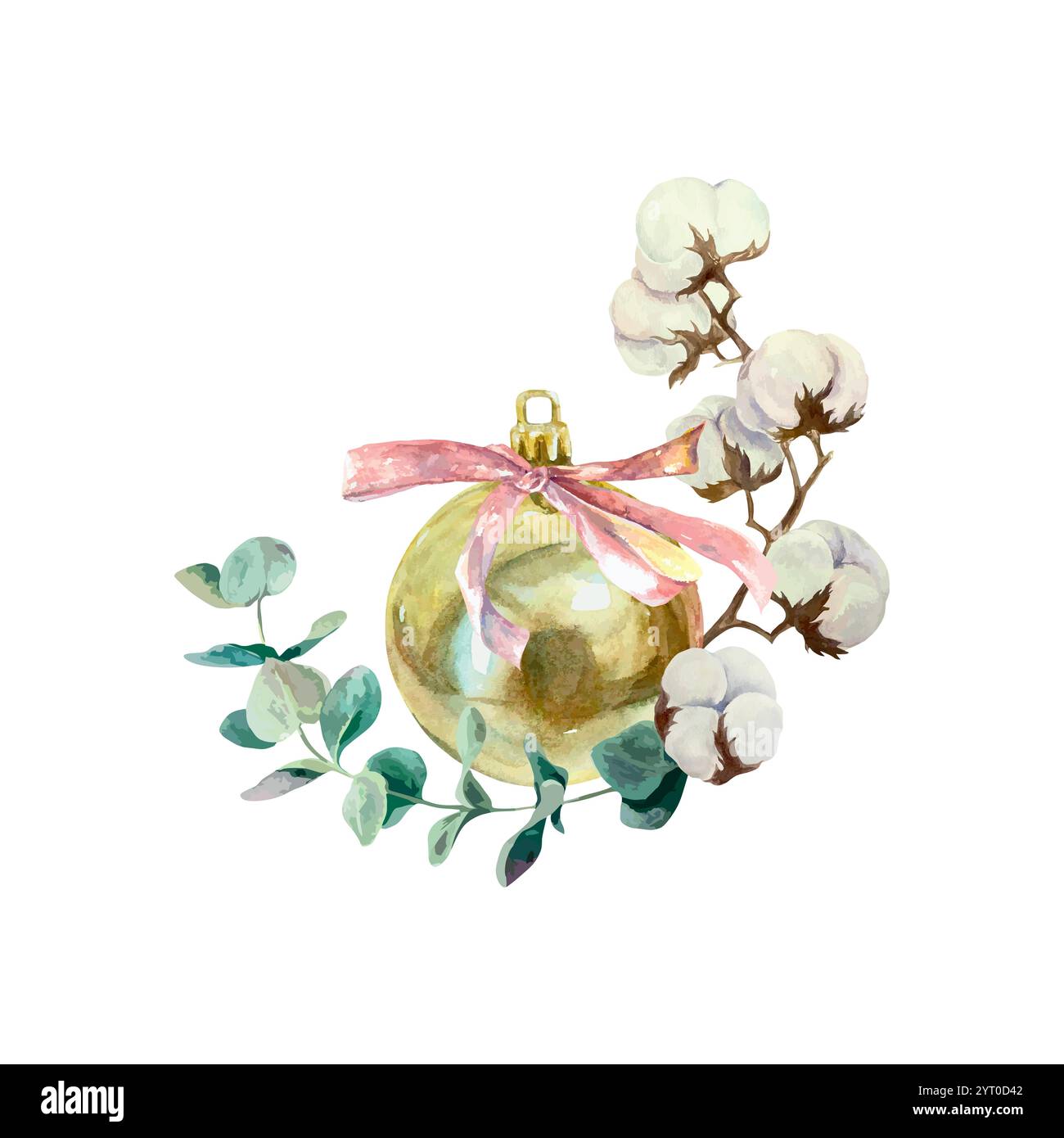 Weihnachtskugel Golden mit Eukalyptus und Baumwollzweig, Aquarell. Handgezeichnete Vektorillustration isoliert auf weiß. Für Neujahrskarten, feierlicher Sieg Stock Vektor