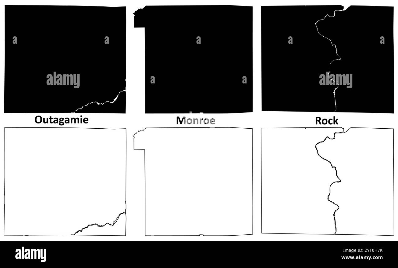 Outagamie, Monroe und Rock County, Bundesstaat Wisconsin (US County, Vereinigte Staaten von Amerika, USA) Kartenvektorillustration, Scribble Skizzenkarte Stock Vektor