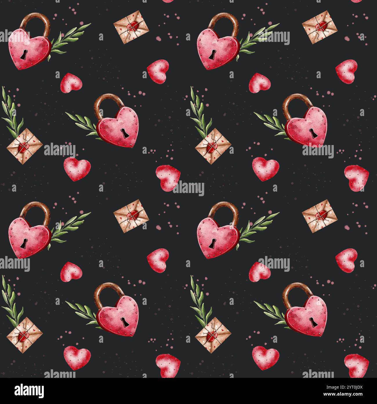 Valentinstag. Nahtloses Aquarellmuster mit rosa Schlössern, Herzen und Umschlag auf dunklem Hintergrund. Design für Verpackung, Verpackung, Scrapbooking Stockfoto